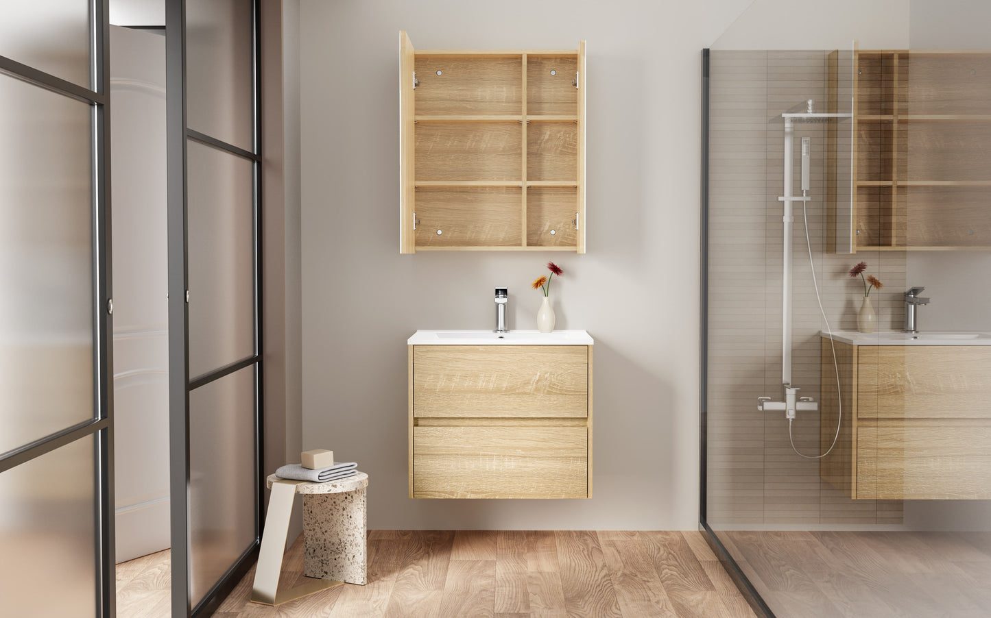 ALONI HAYAT MEUBLE SOUS-VASQUE - 2 TIROIRS - SANS POIGNEE - SOFT CLOSE – 59,5X50X45 CM - CHÊNE