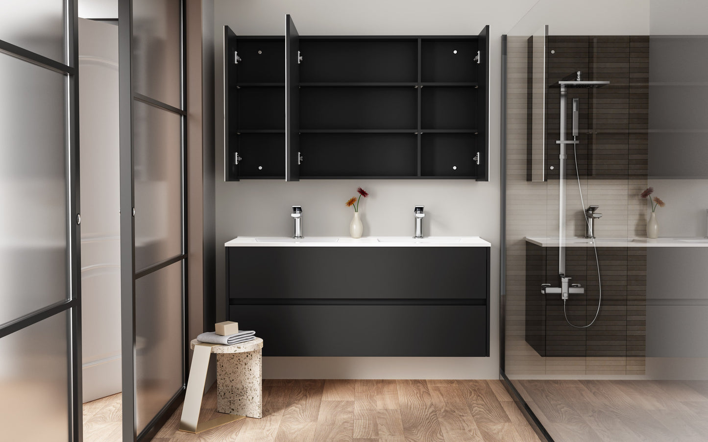 ALONI HAYAT MEUBLE SOUS-VASQUE - 2 TIROIRS - SANS POIGNEE - SOFT CLOSE – 119,5X50X45 CM - NOIR MAT