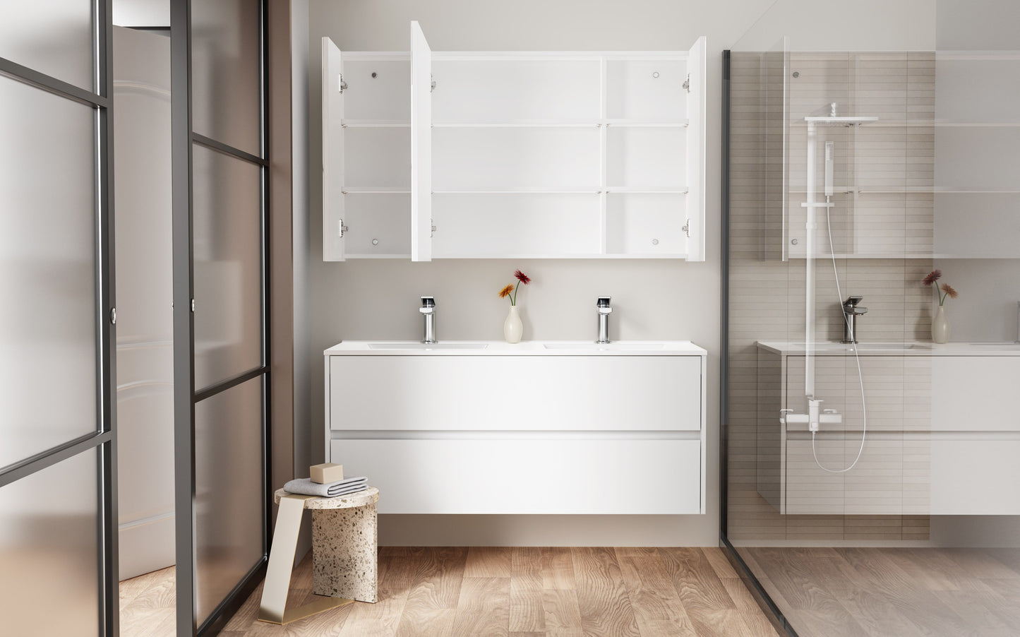 HAYAT ARMOIRE MIROIR - 3 PORTES MIROIRS ASYMÉTRIQUES, À UN SEUL CÔTÉ - 6 ÉTAGÈRES RÉGLABLES EN HAUTEUR - 120X70X15 CM - BLANC BRILLANT