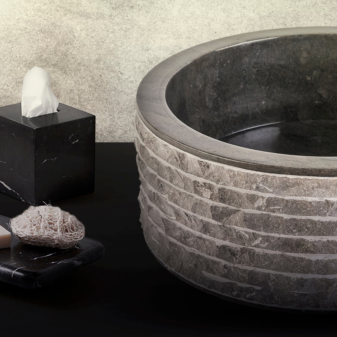 VASQUE EN MARBRE ALUR AVEC INTÉRIEUR POLI - NOIR 40X15CM