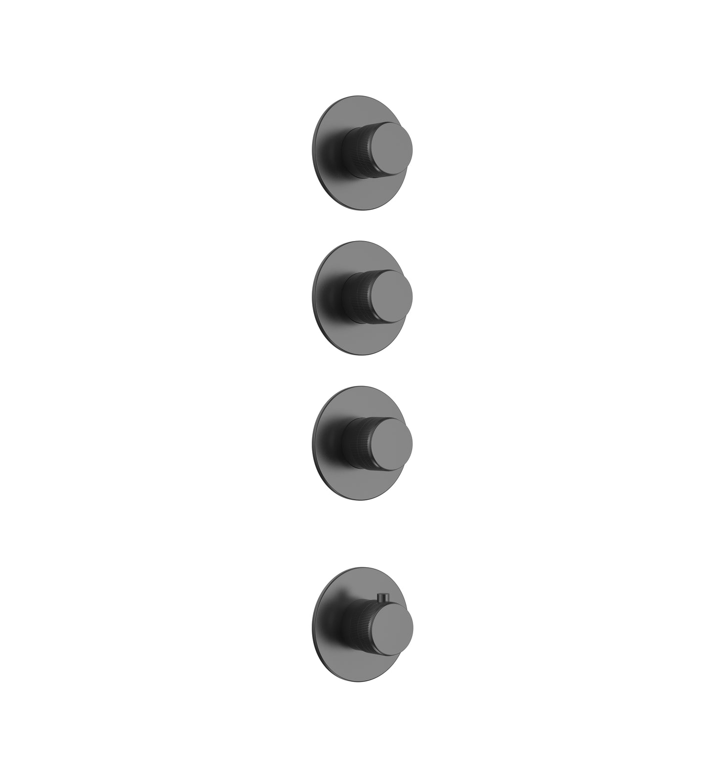 STRIA ÉLÉMENT DE FINITION POUR MITIGEUR DE DOUCHE – 3 VOIES AVEC 3 ROBINETS D’ARRÊT – THERMOSTATIQUE – ENCASTRÉ – RONDE – BOUTONS S AVEC STRUCTURE STRIÉE RAFFINÉE – GUNMETAL (PVD)