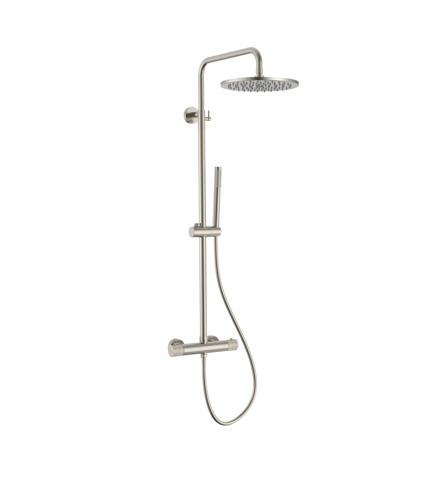 STRIA ENSEMBLE DE DOUCHE PLUIE – THERMOSTATIQUE – COOL TOUCH – DOUCHE DE TÊTE 30 CM – MONTAGE APPARENTE – BOUTONS S AVEC STRUCTURE STRIÉE RAFFINÉE – ACIER INOX BROSSÉ