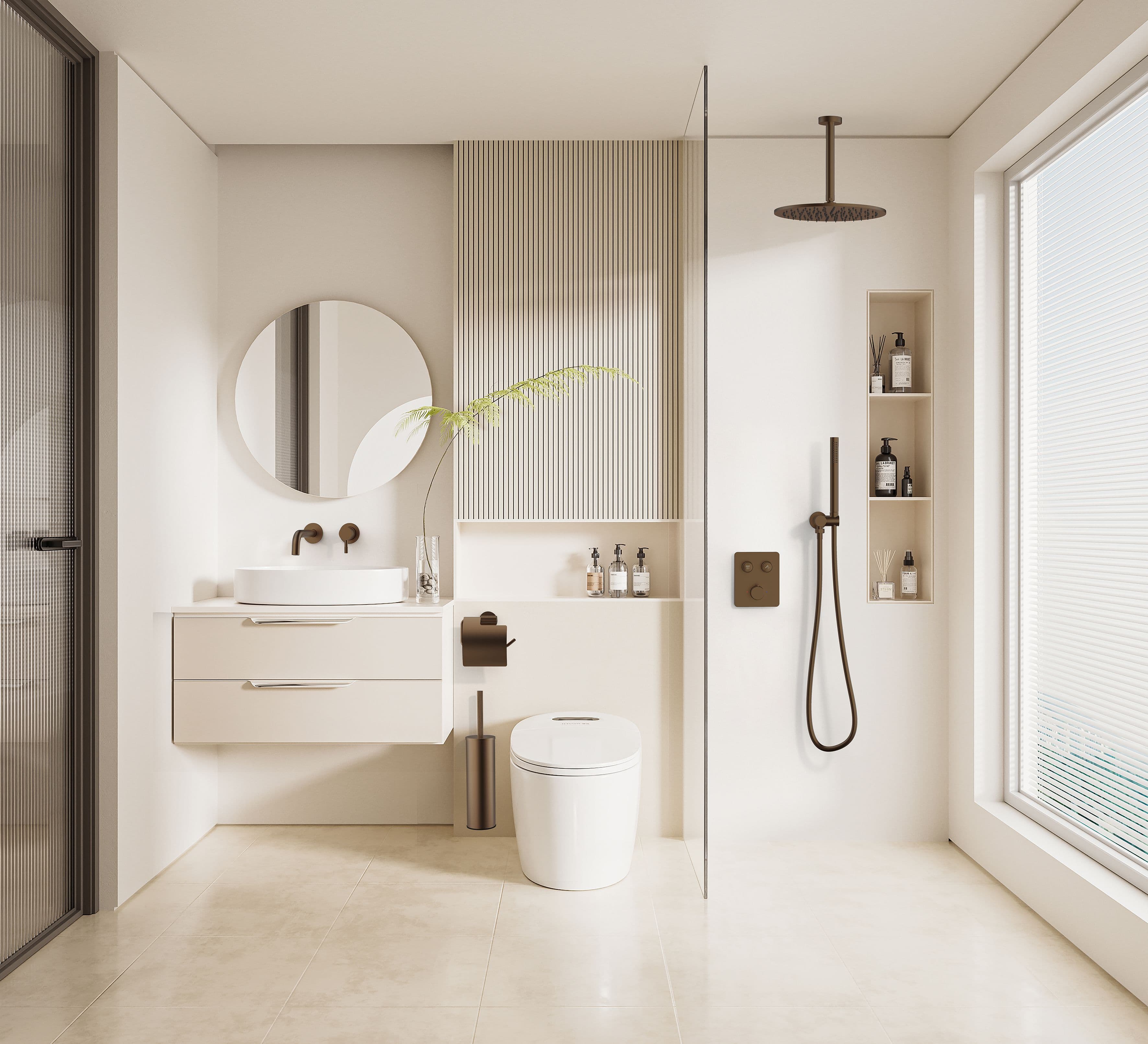 STRIA MITIGEUR DE DOUCHE – 2 VOIES – THERMOSTATIQUE – BOUTONS POUSSOIRS S AVEC STRUCTURE STRIÉE RAFFINÉE – AVEC BOÎTIER D’ENCASTREMENT ET ÉLÉMENT DE FINITION – RECTANG. – BELGAQUA - BRUN BRONZÉ (PVD) vue 1