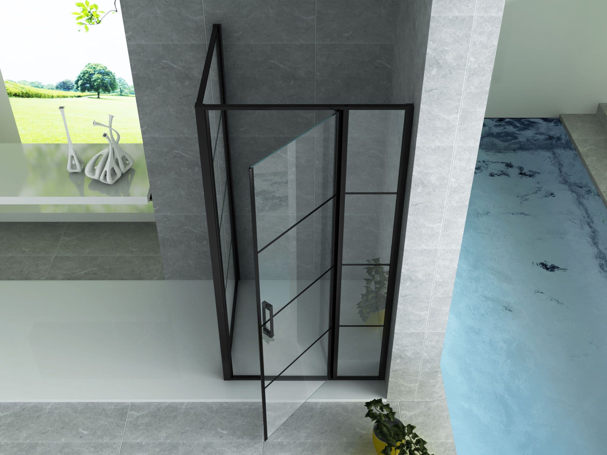 ALONI DOUCHECABINE - DRAAIDEUR, VAST WANDJE EN ZIJWAND - 900 X 1200 X 2000MM - MAT ZWART - HELDER GLAS vue 1