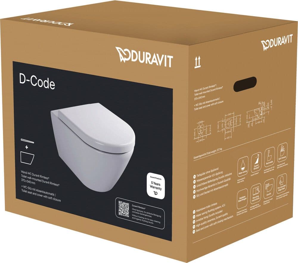 Duravit D-Code wc pack hangtoilet Durafix Soft Close & Take Off voorgemonteerde scharnieren vue 1