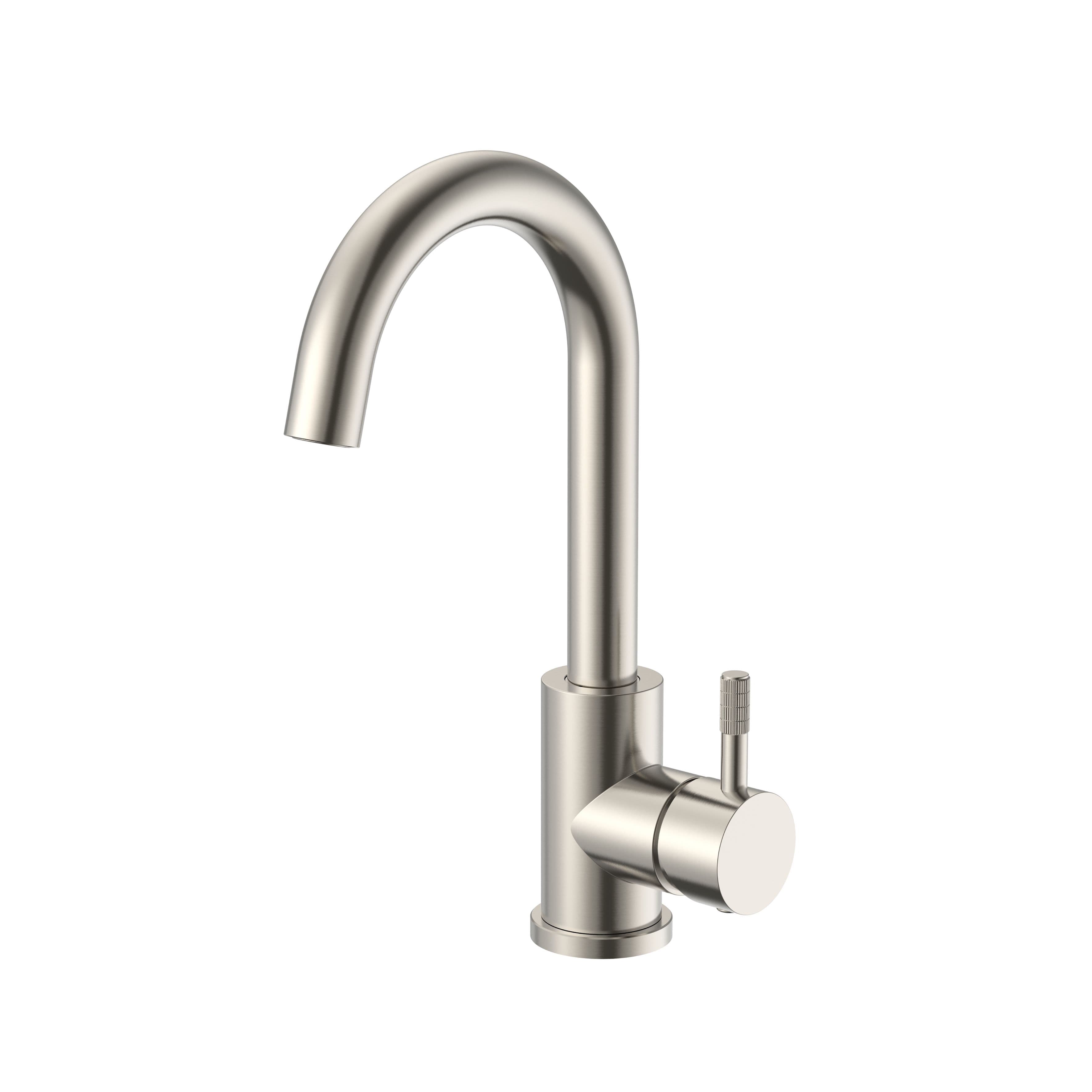 STRIA MITIGEUR LAVABO – BEC COURBÉ – MOBILE – DÉMARRAGE À FROID – POIGNÉE AVEC STRUCTURE STRIÉE RAFFINÉE – SANS BONDE – ACIER INOX BROSSÉ vue 1
