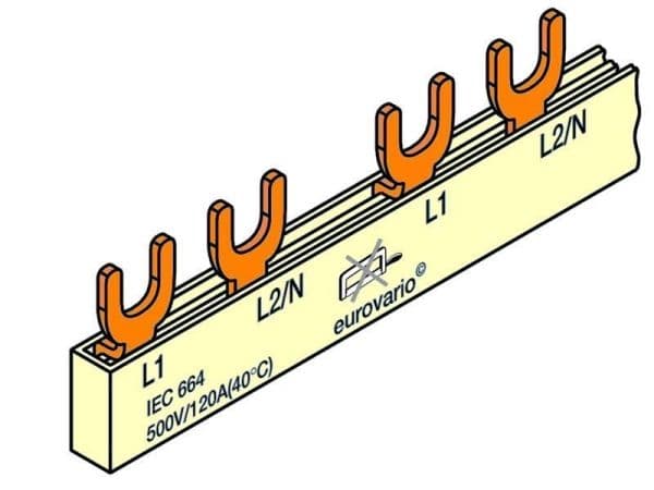 Geïsoleerde rail met vork 10mm² 2 polig 12 modules met eindkappen vue 1