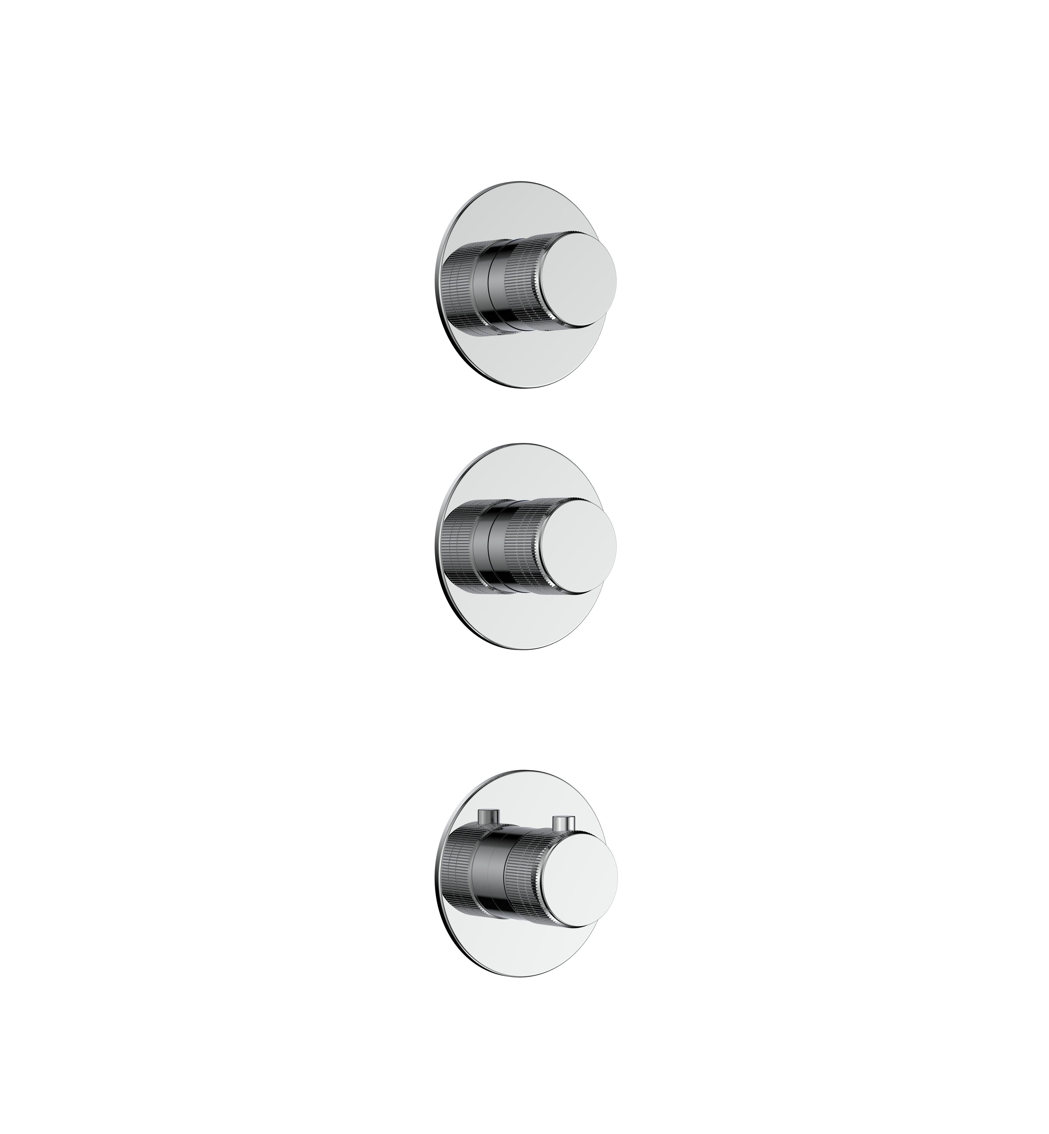 STRIA ÉLÉMENT DE FINITION POUR MITIGEUR DE DOUCHE – 2 VOIES AVEC 2 ROBINETS D’ARRÊT – THERMOSTATIQUE – ENCASTRÉ – RONDE – BOUTONS S AVEC STRUCTURE STRIÉE RAFFINÉE – CHROME vue 1