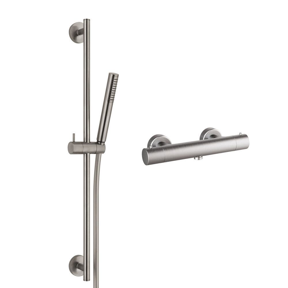 Van Marcke Nero II set thermostatische mengkraan met doucheset 70 cm en handdouche 1 jet anti-kalk geborsteld nikkel vue 1