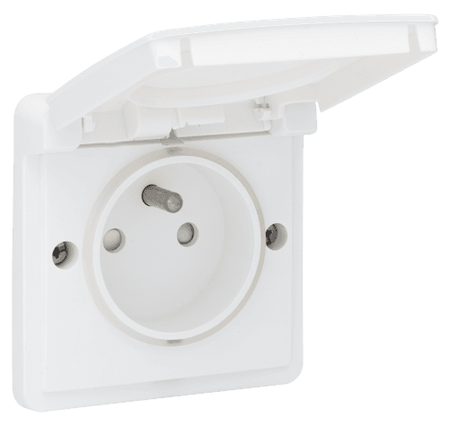 Splashproof socket outlet 16 A with pin earthing, shutters and screw terminals, white vue 1