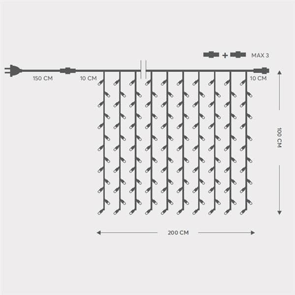 Curtain, 200 Led 5mm with cups, 230V, connector until 5, Green rubber wire, warm White Led (h100 x w vue 1