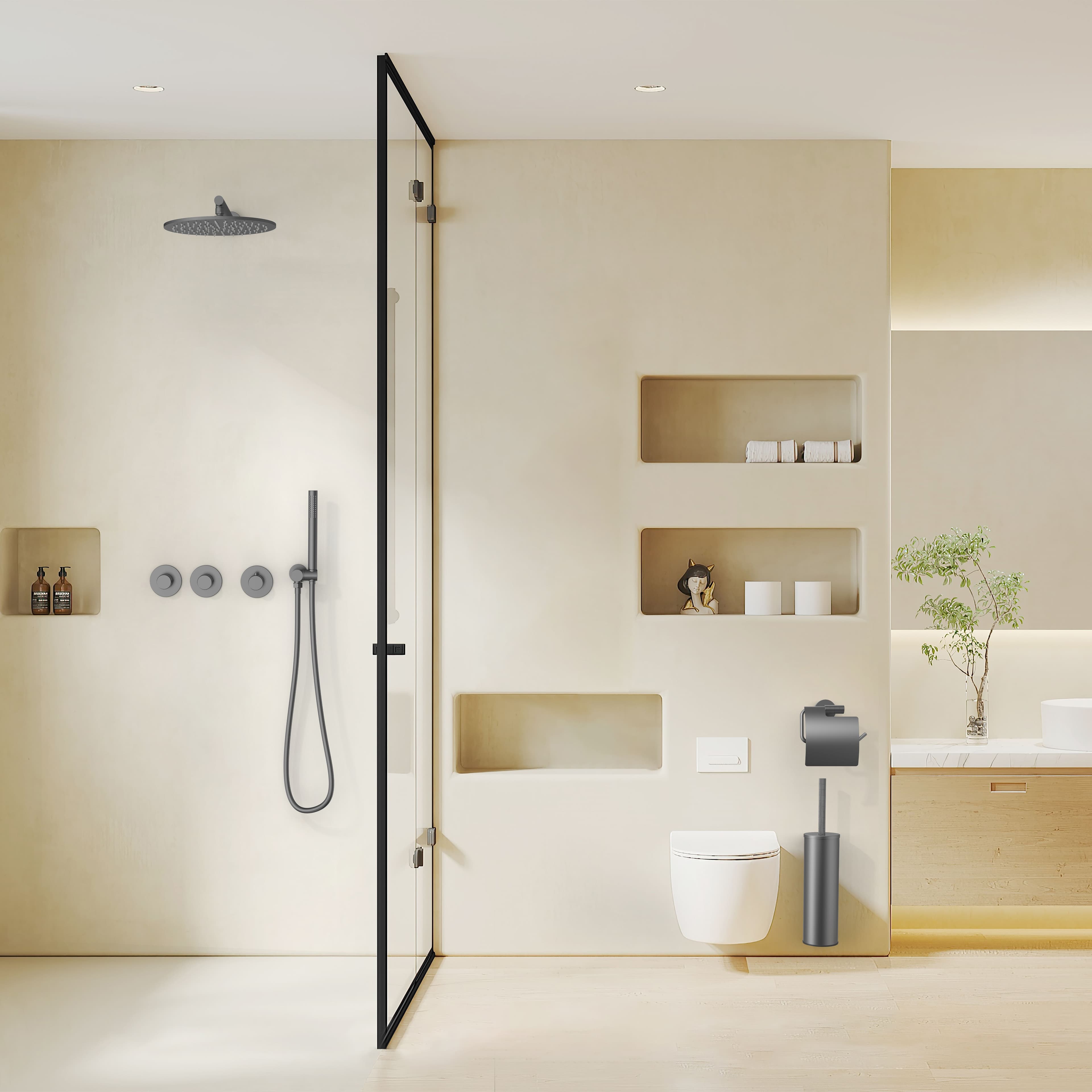 STRIA DOUCHEMENGKRAAN - 2 WEG -  THERMOSTATISCH - DRUKNOPPEN MET VERFIJNDE RIBBELSTRUCTUUR - MET INBOUWBOX EN AFBOUWDEEL - RECHTHOEKIG - BELGAQUA - GUNMETAL (PVD) vue 1
