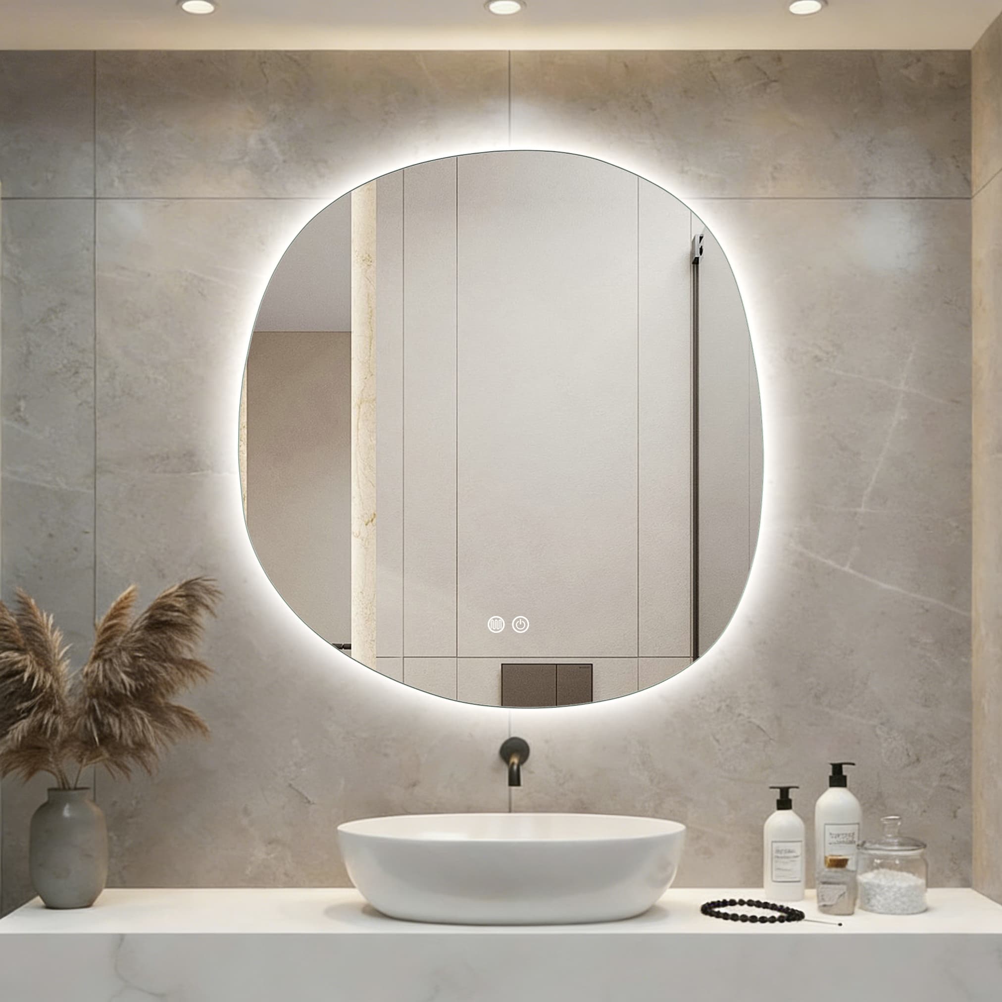 ALONI pebble miroir - avec éclairage Led - forme organique - sans cadre - anti-buée - température de couleur Led 3000-6000K - dimmable - 80X85CM