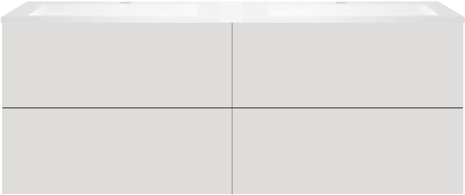 SOUS MEUBLE COFFEE 4 TIROIRS 160 DUO GRIS VELOURS MAT +DOUBLE LAVABO EN MARBRE SYNTHETIQUE BLANC MAT