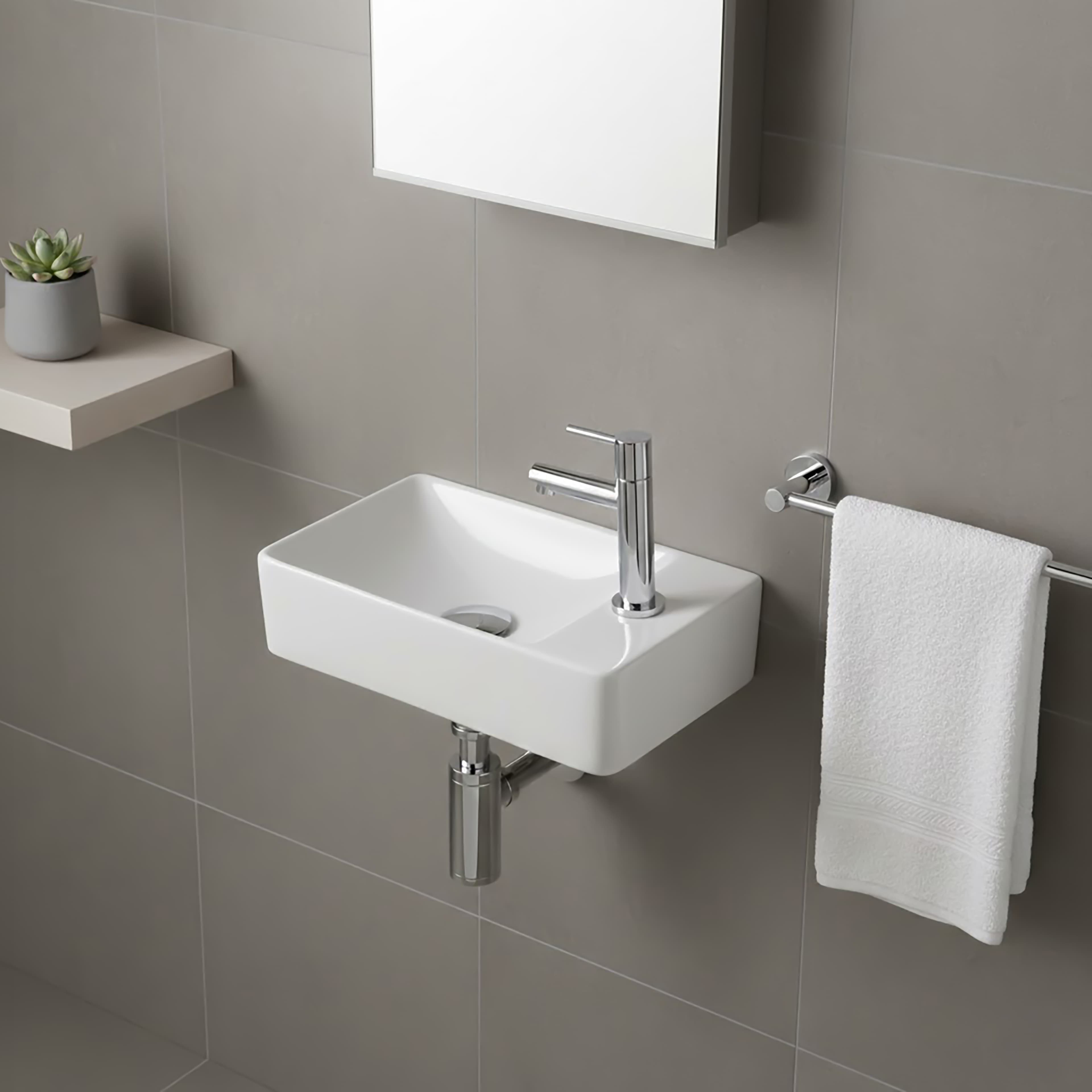 Ensemble Lave-mains ALONI essi complet – avec Lave-mains droite, robinet, bonde de vidange et siphon – blanc brillant - chrome