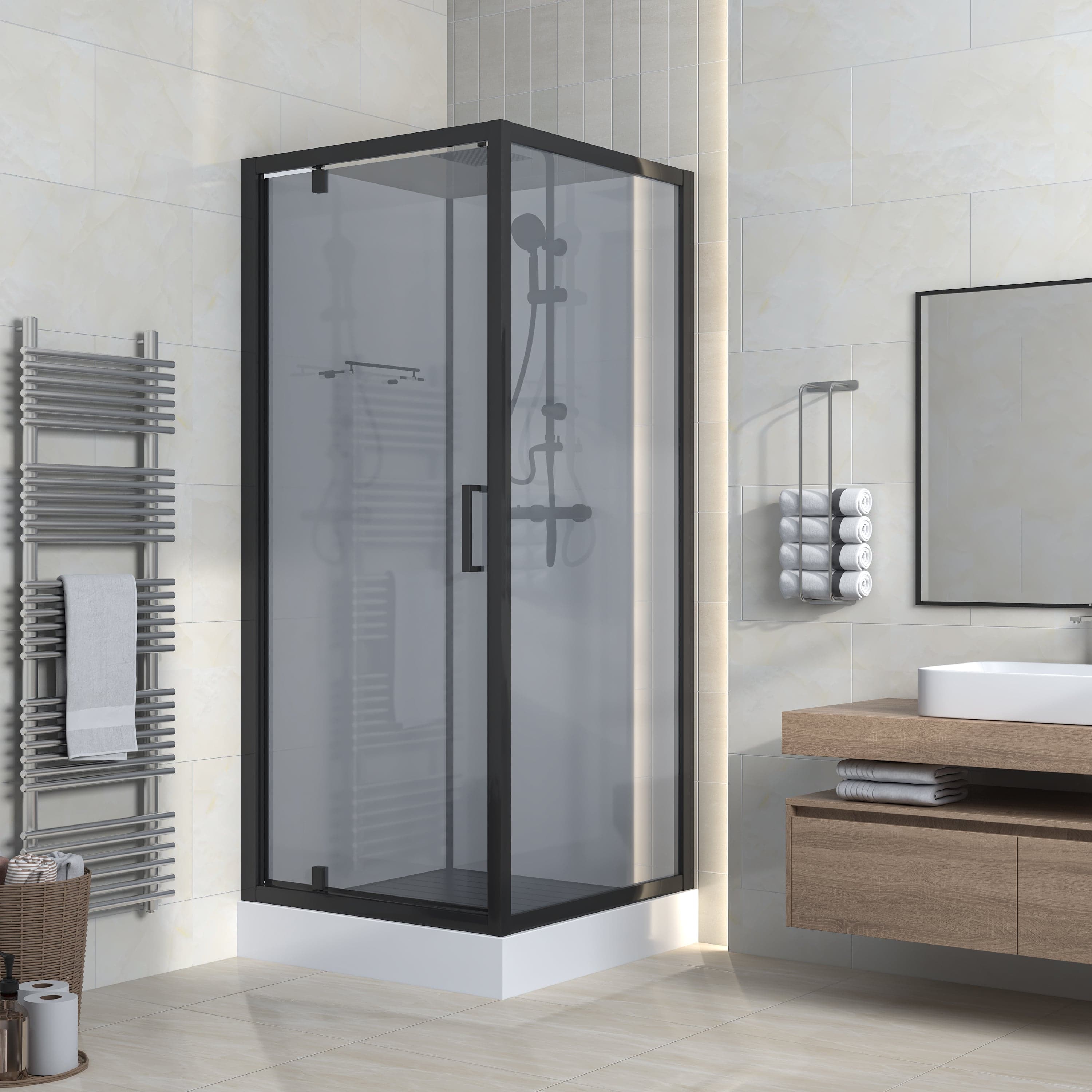 Marani cabine de douche complète avec porte pivotante - réversible - 90X225X90 cm - Noir mat - verre fumé Gris