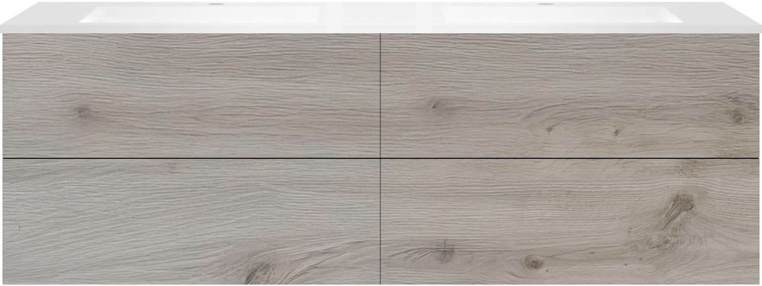 SOUS MEUBLE COFFEE 4 TIROIRS 180 DUO CHENE ARGENT +DOUBLE LAVABO BLANC MAT