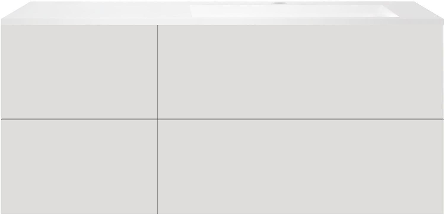 SOUS MEUBLE COFFEE 4 TIROIRS 140 GRIS VELOURS MAT+LAVABO DROITE EN MARBRE SYNTHETIQUE BLANC