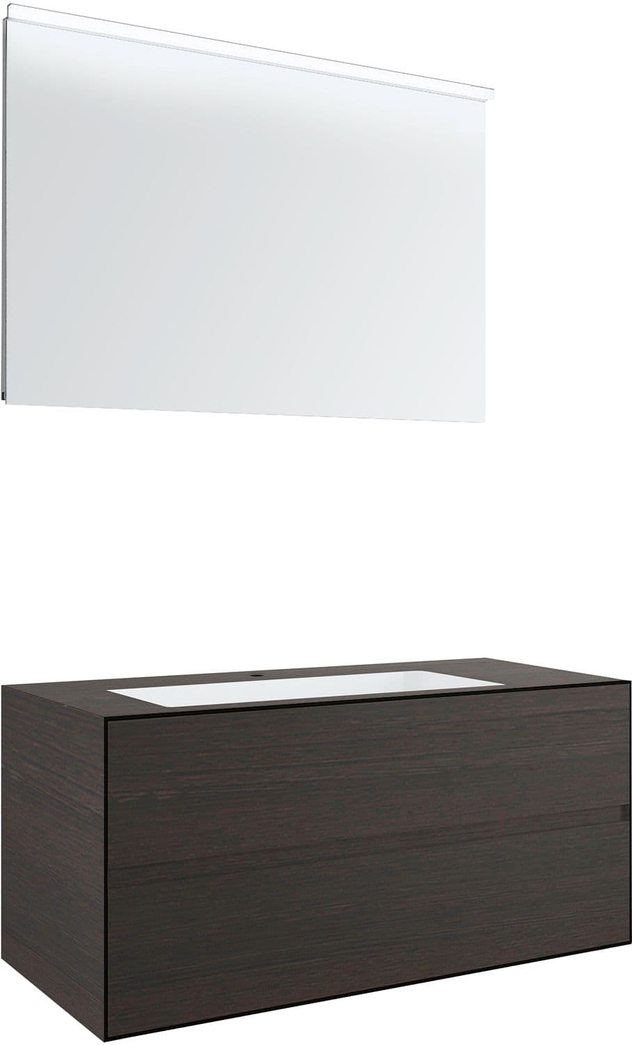 MEUBLE 2 TIROIRS+ LAVABO SOUS ENCASTRER CENTRAL TENSO 120CM +TROU ROBINET WENGE AVEC MIROIR