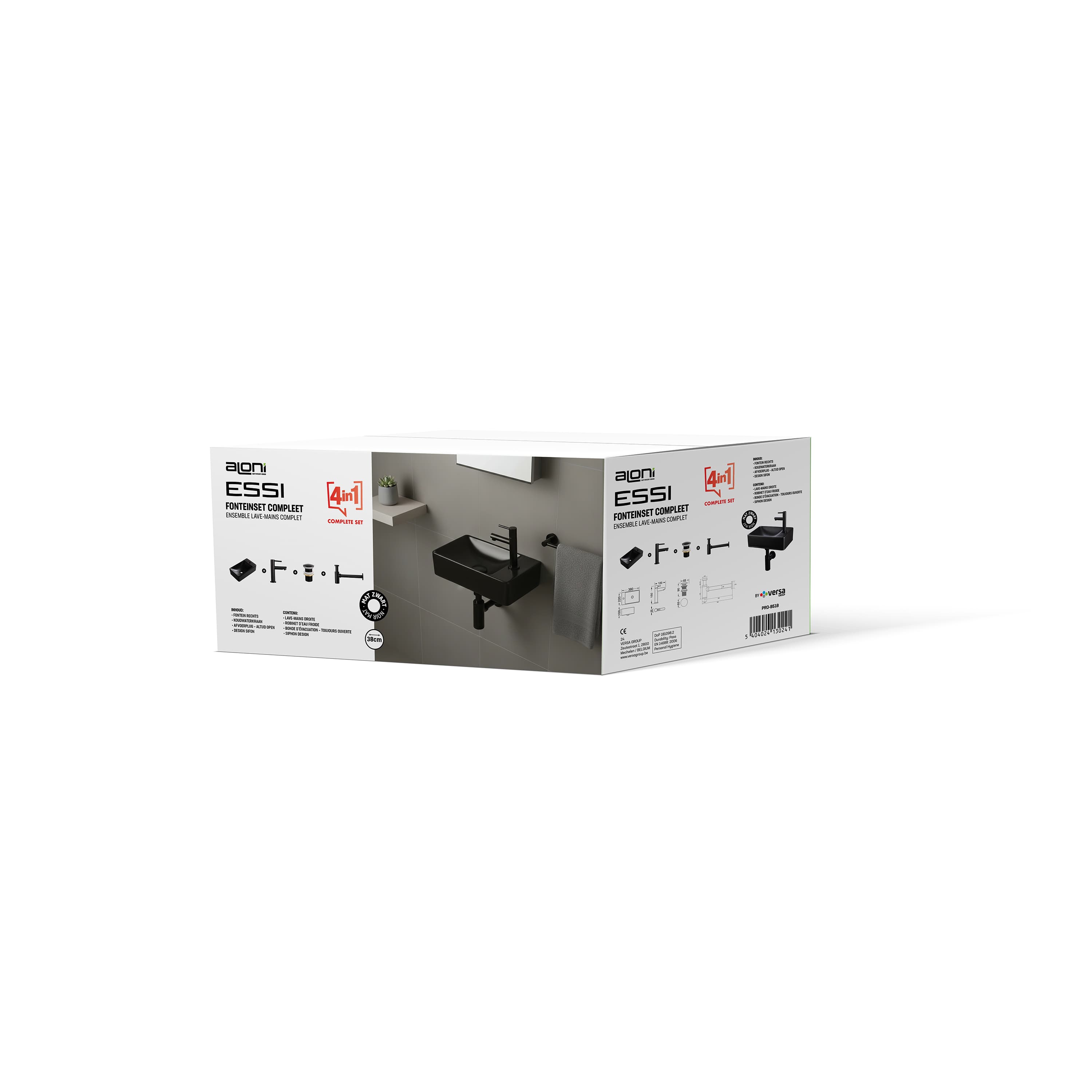 Ensemble lave-mains ALONI essi complet – avec lave-mains droite, robinet, bonde de vidange et siphon – Noir mat