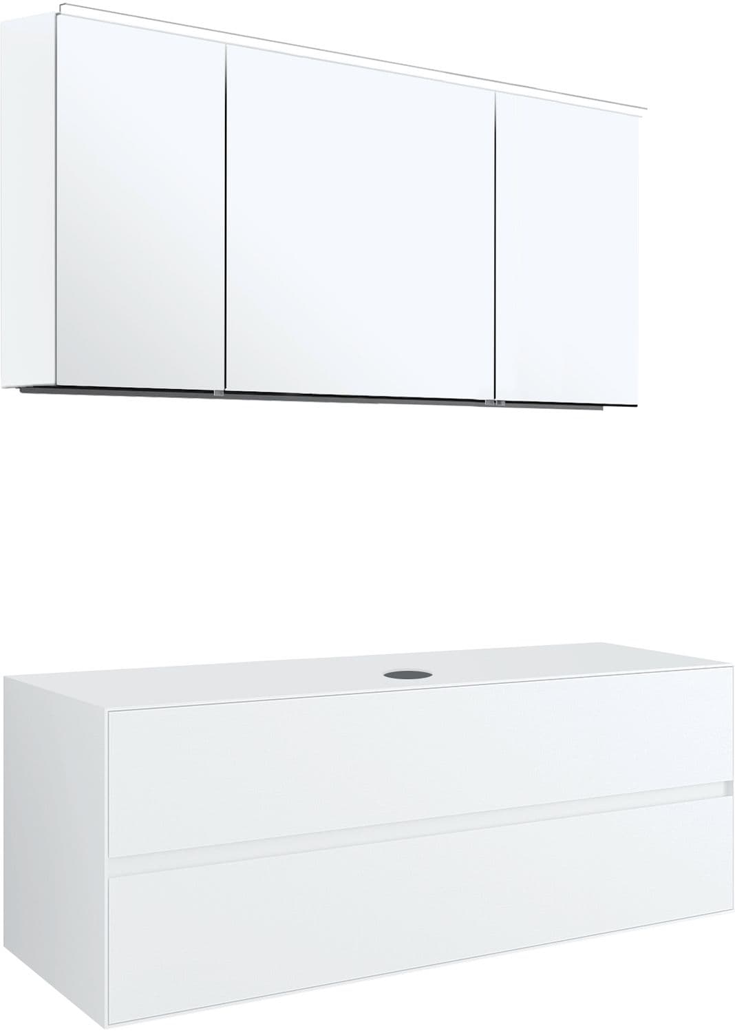 MEUBLE 2 TIROIRS+ TABLET POUR LAVABO A POSER CENTRAL TENSO 140CM SANS TROU ROBINET BLANC AVEC ARMOIRE TOILETTE