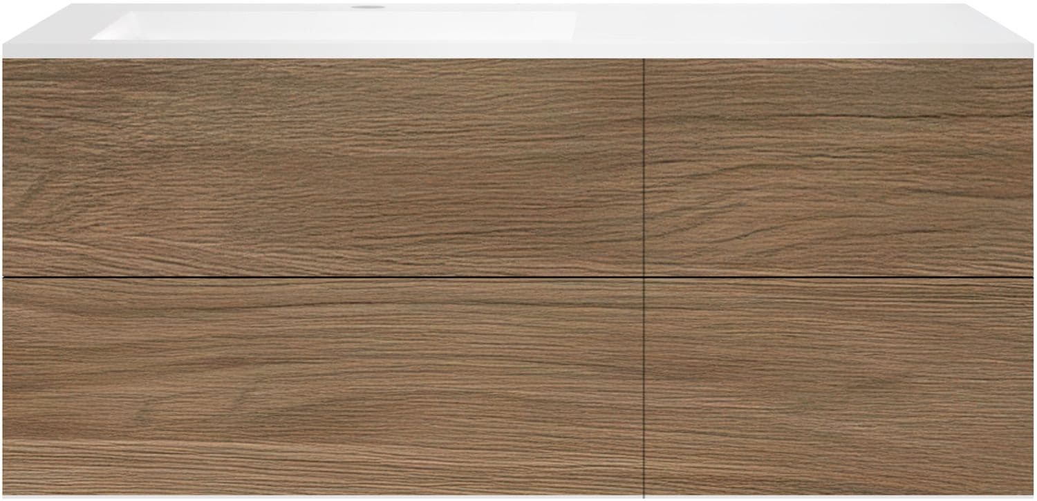 SOUS MEUBLE COFFEE 4 TIROIRS 140 CHENE CARAMELLE+LAVABO GAUCHE EN MARBRE SYNTHETIQUE BLANC