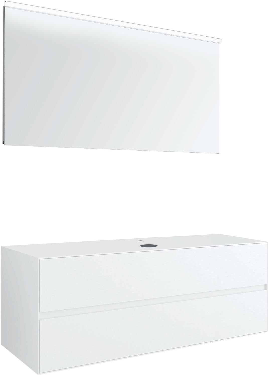 MEUBLE 2 TIROIRS+ TABLET POUR LAVABO A POSER CENTRAL TENSO 140CM +TROU ROBINET BLANC AVEC MIROIR