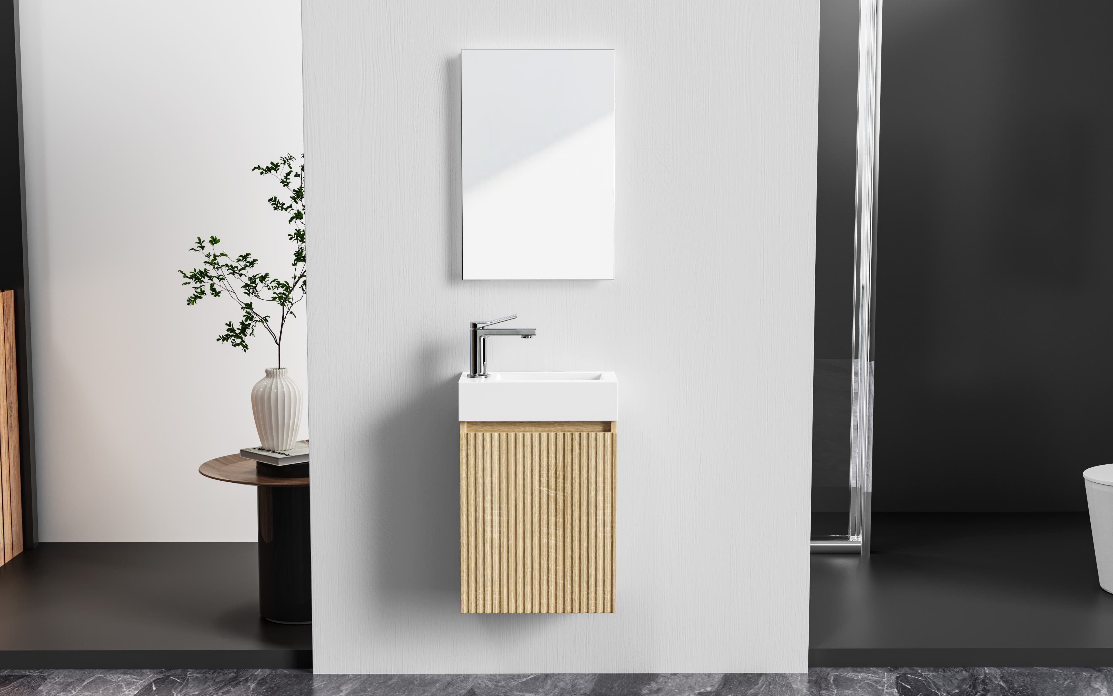 ALONI mikaro meuble de toilette - 1 porte - réversible - sans Poignée - soft close - 40X50X22,3 cm - chêne clair