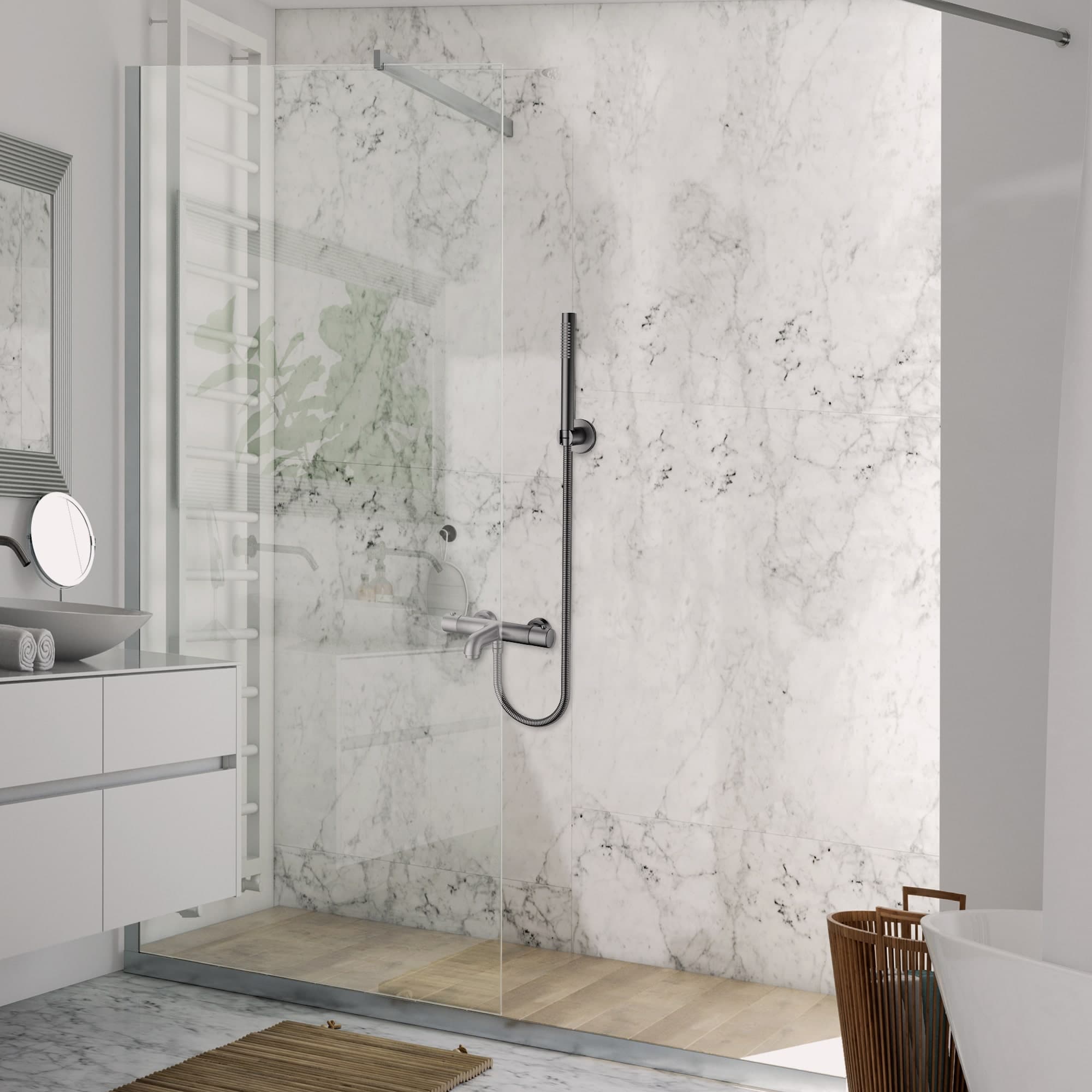 ALONI mitigeur bain et de douche - thermostatique - avec flexible de douche 150 cm, pomme de douche et support mural - gunmetal