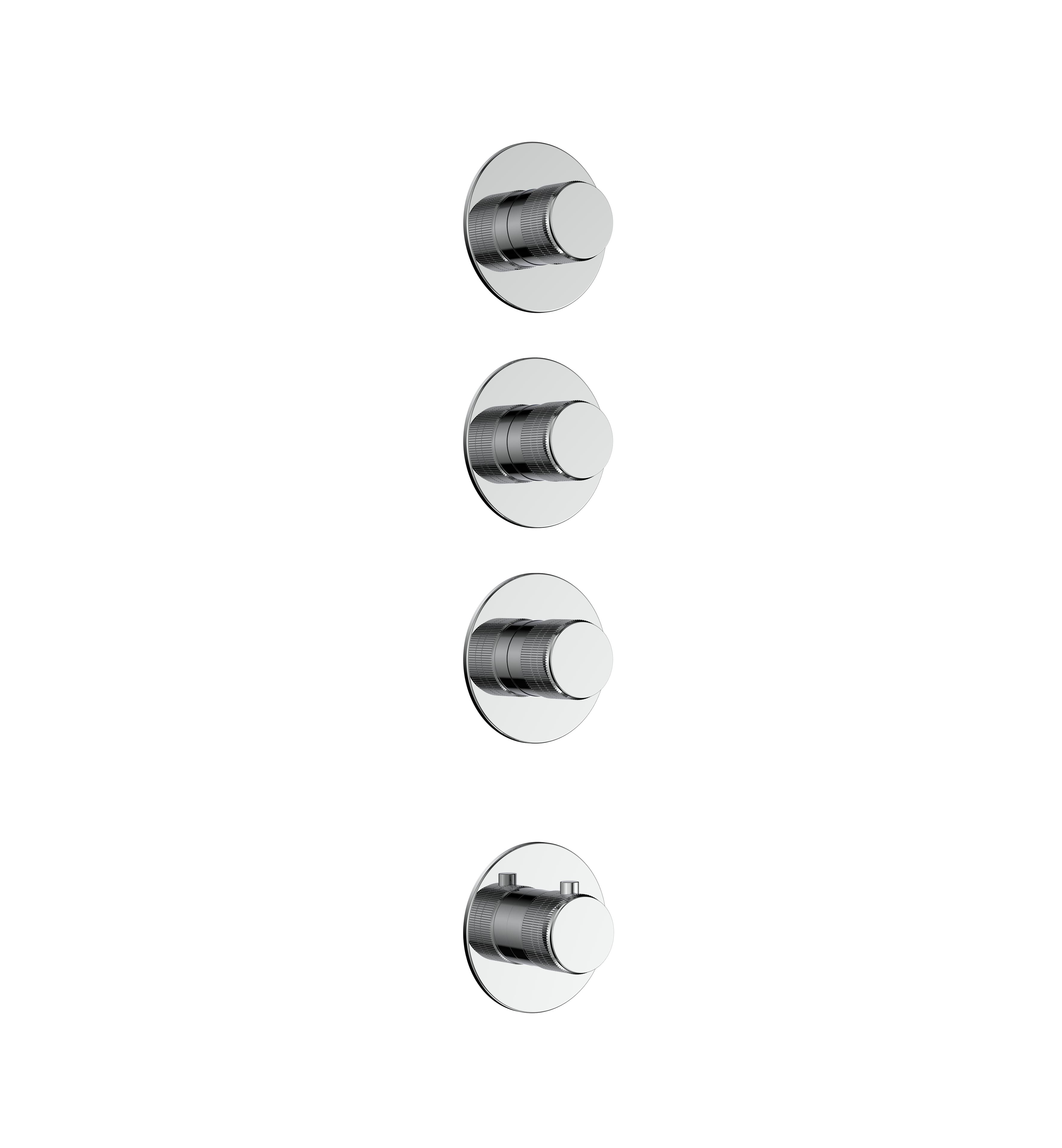 STRIA ÉLÉMENT DE FINITION POUR MITIGEUR DE DOUCHE – 3 VOIES AVEC 3 ROBINETS D’ARRÊT – THERMOSTATIQUE – ENCASTRÉ – RONDE – BOUTONS S AVEC STRUCTURE STRIÉE RAFFINÉE – CHROME
