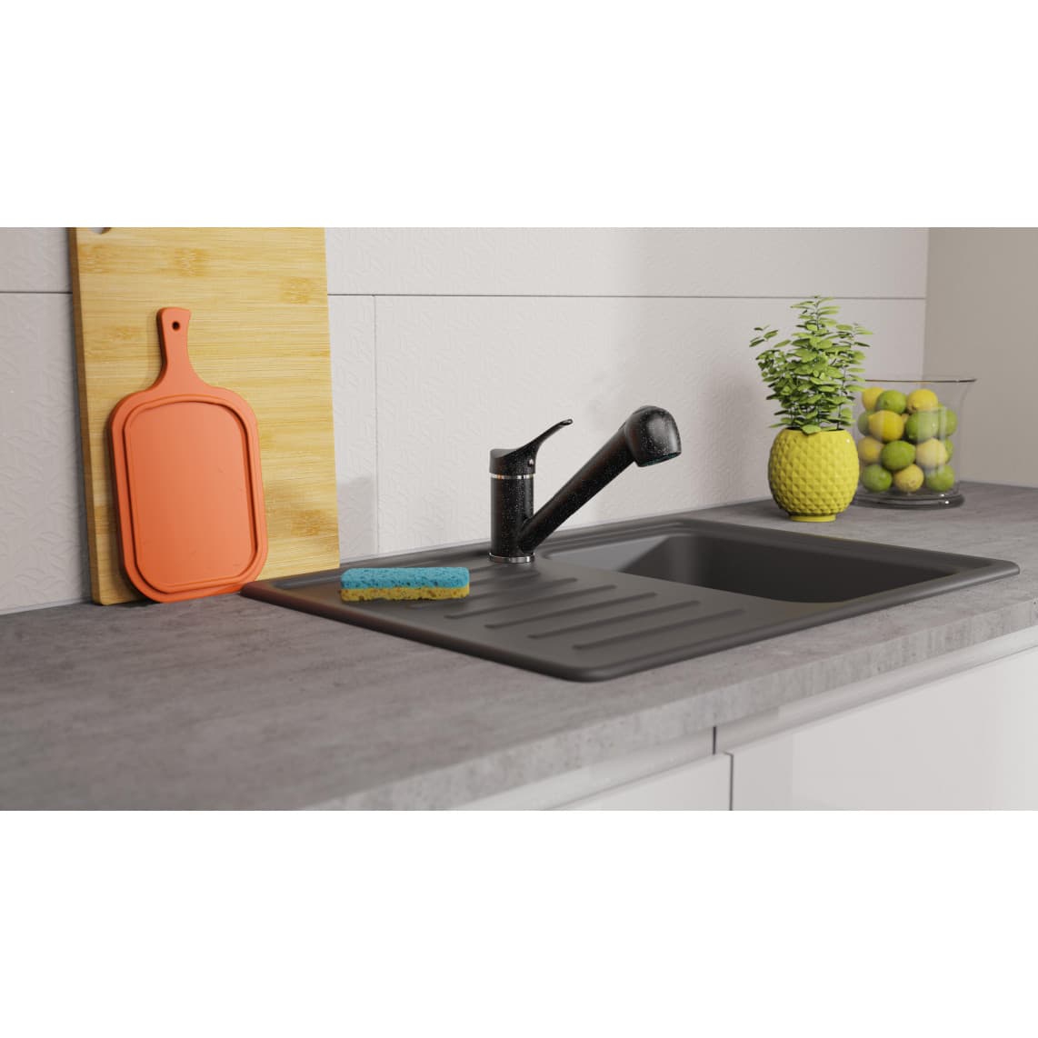 NI183SMCR-LP GRANIT Keukenkraan lage druk, graniet zwart/chroom, met uittrekbare vaatdouche