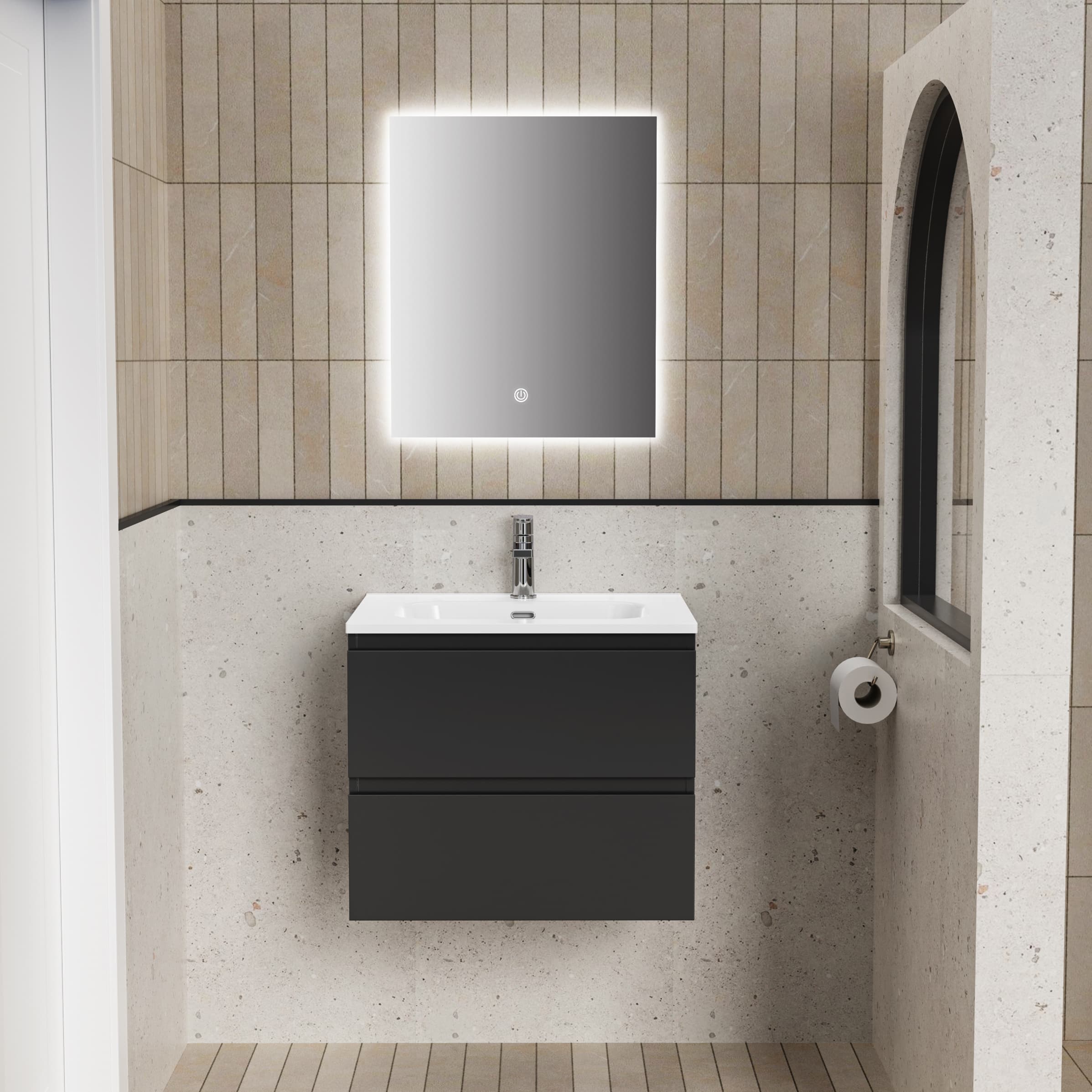 ALONI liva ensemble de meuble de salle de bain complet – avec meuble sous-vasque – avec vasque – avec miroir Led – 60 cm – Noir mat