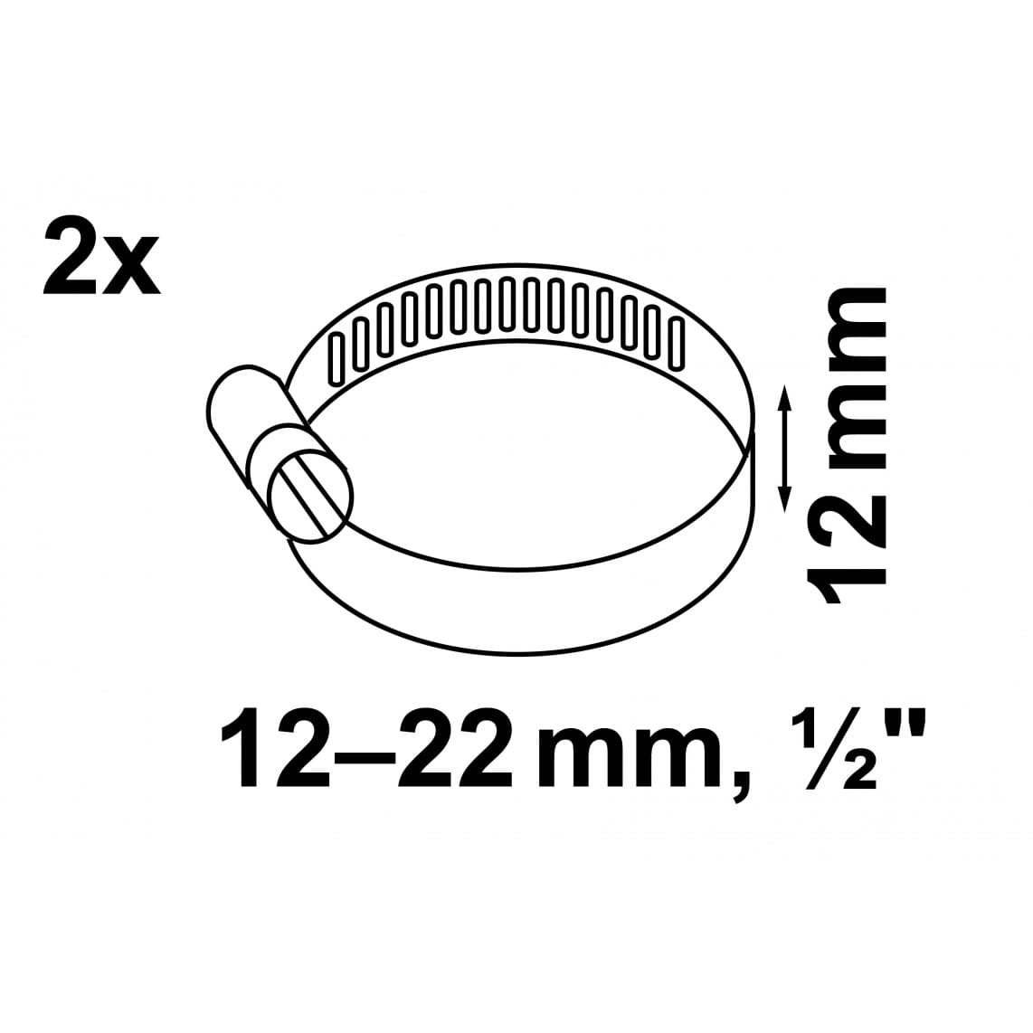 98027923 Collier de serrage 12 mm gamme, acier inoxydable, 12 - 22 mm, pour 1/2" (2x)