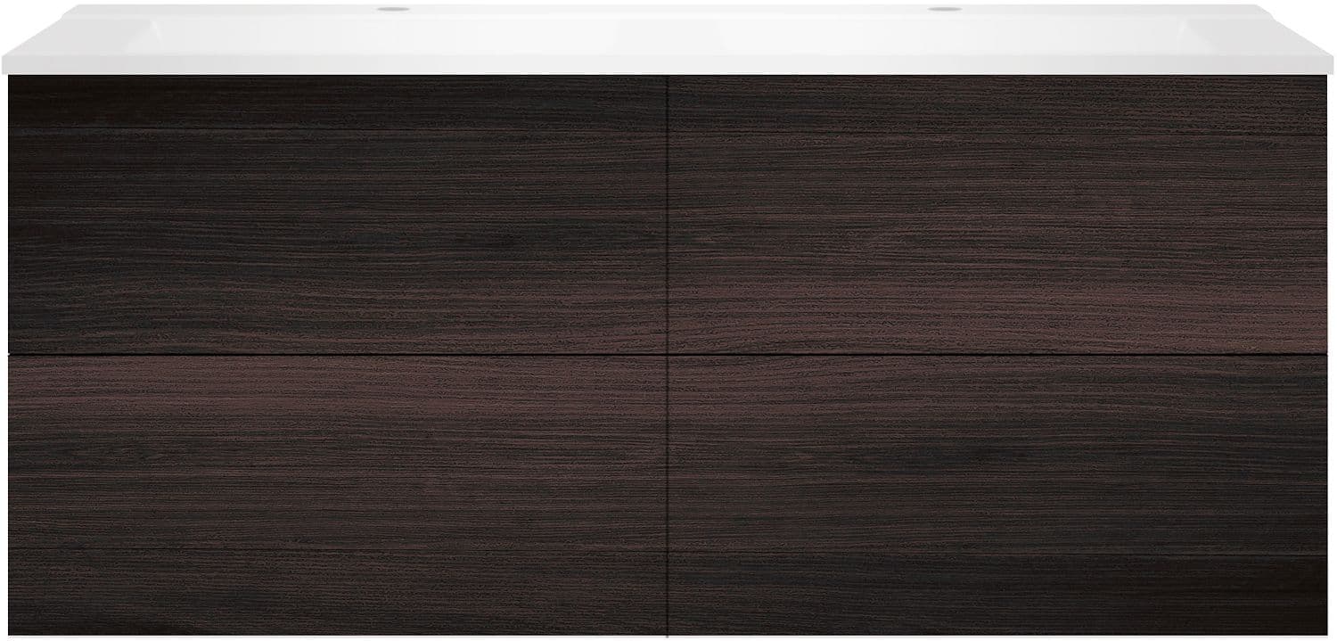SOUS MEUBLE COFFEE 4 TIROIRS 140 DUO CHENE DECOR MOKKA +DOUBLE LAVABO BLANC MAT