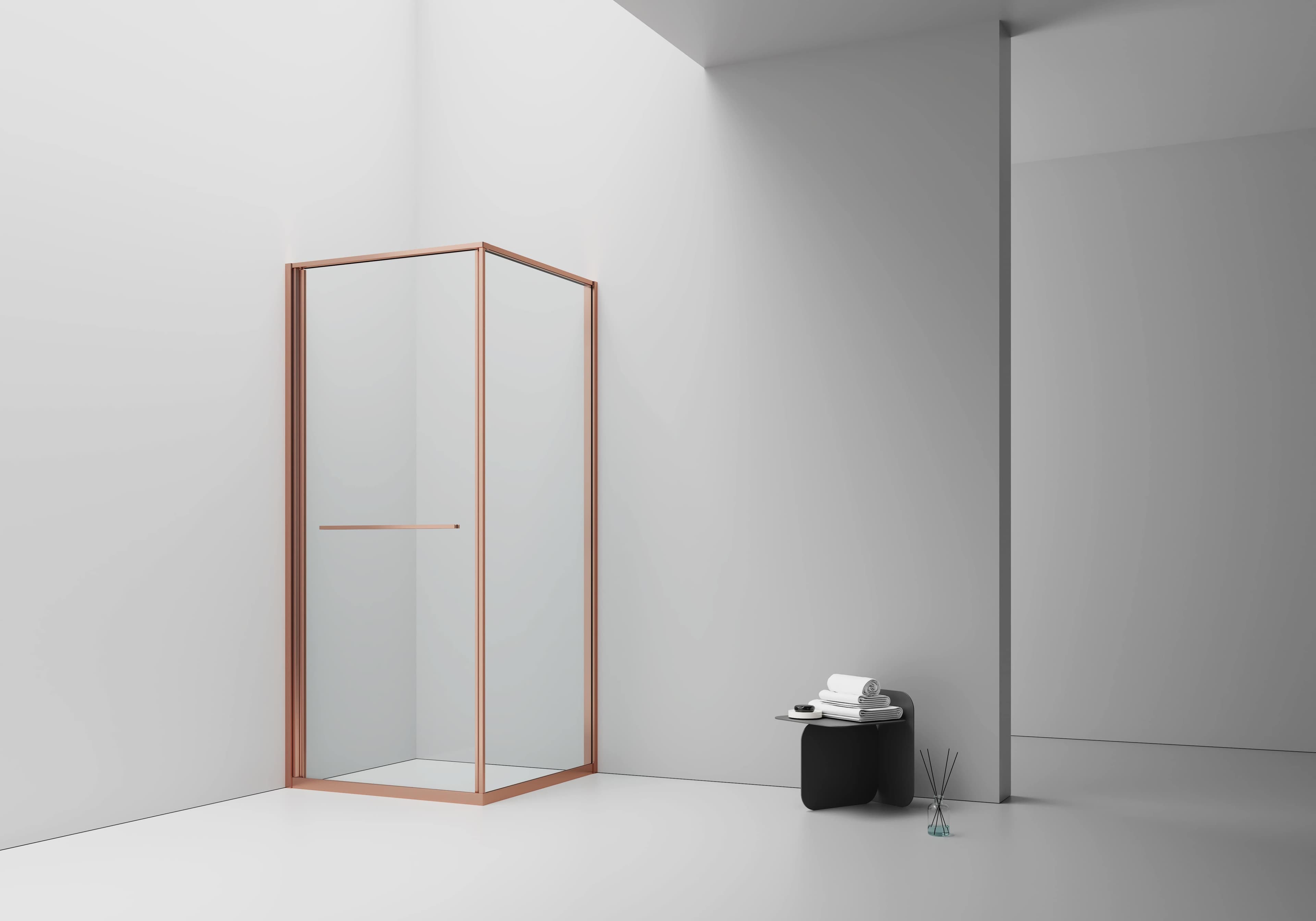 ALONI CABINE DE DOUCHE INSLIDE – PORTE COULISSANTE INTÉRIEURE ET PAROI LATÉRALE – GAIN DE PLACE – RÉVERSIBLE – VERRE DE SÉCURITÉ 6?MM – 90X90X200?CM – CUIVRE?BROSSÉ – VERRE CLAIR