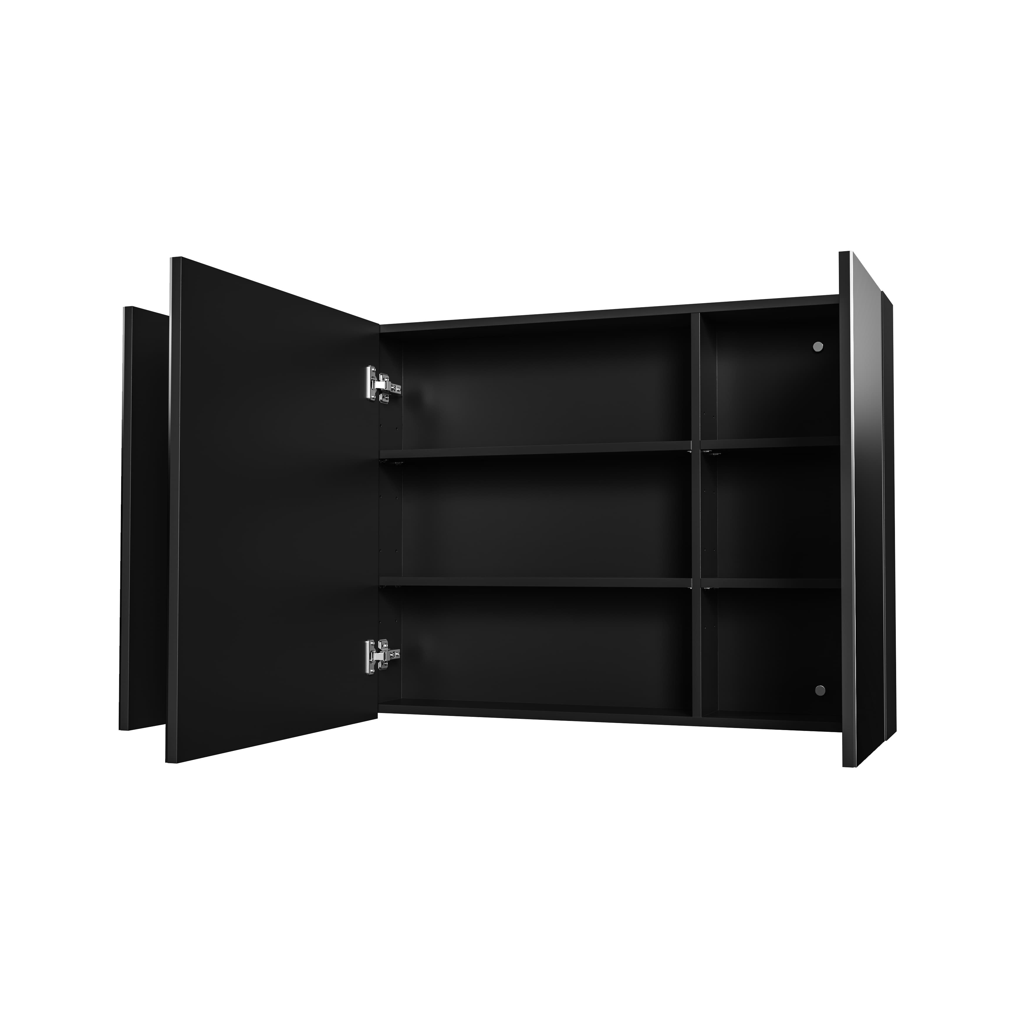Hayat Armoire miroir - 3 portes miroirs asymétriques, à un seul côté - 6 étagères réglables en hauteur - 120X70X15 cm - Noir mat