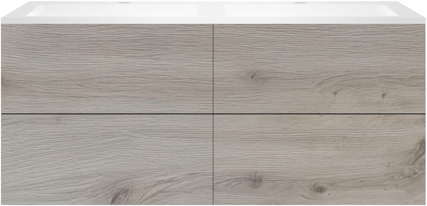 SOUS MEUBLE COFFEE 4 TIROIRS 140 DUO CHENE ARGENT +DOUBLE LAVABO EN MARBRE SYNTHETIQUE BLANC MAT