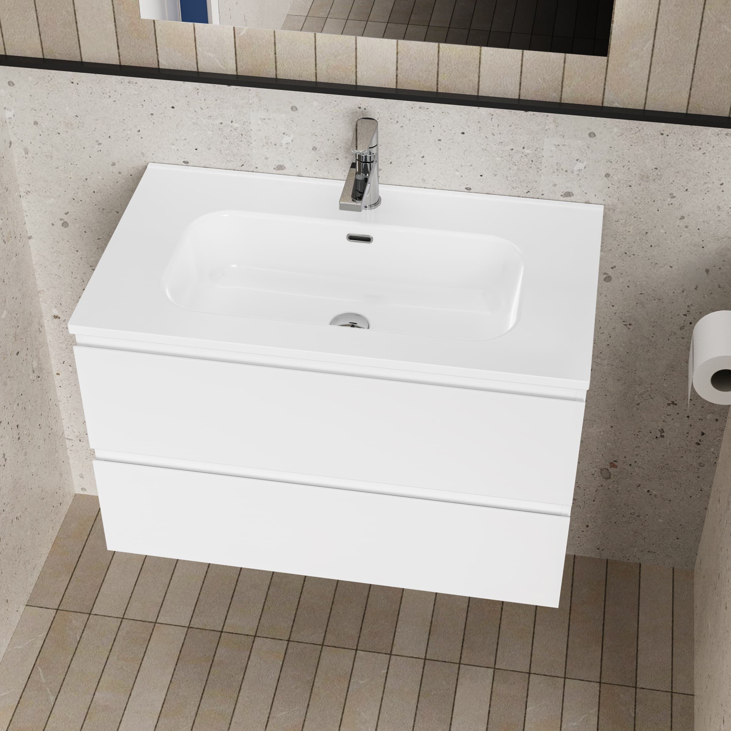ALONI liva ensemble de Meuble de salle de bain complet – avec Meuble sous-vasque – avec Vasque – avec miroir Led – 80 cm – blanc brillant