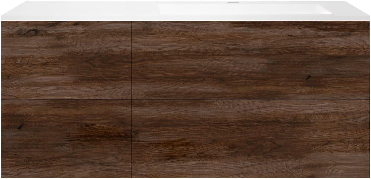 SOUS MEUBLE COFFEE 4 TIROIRS 140 NOYER VELOURS+LAVABO DROITE EN MARBRE SYNTHETIQUE BLANC MAT