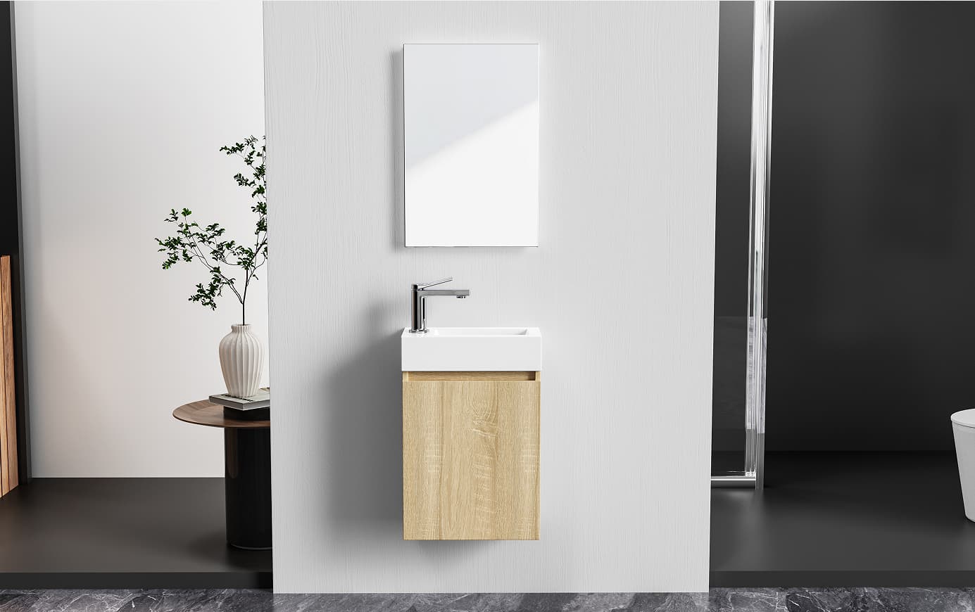 ALONI ZYRO ENSEMBLE DE MEUBLE DE TOILETTE - COMPLÈT - MEUBLE SOUS-VASQUE AVEC 1 PORTE - SANS POIGNÉE - SOFT CLOSE - RÉVERSIBLE - MIROIR - LAVE MAINS - 40,5X22,5 CM - CHÊNE CLAIR/BLANC BRILLANT