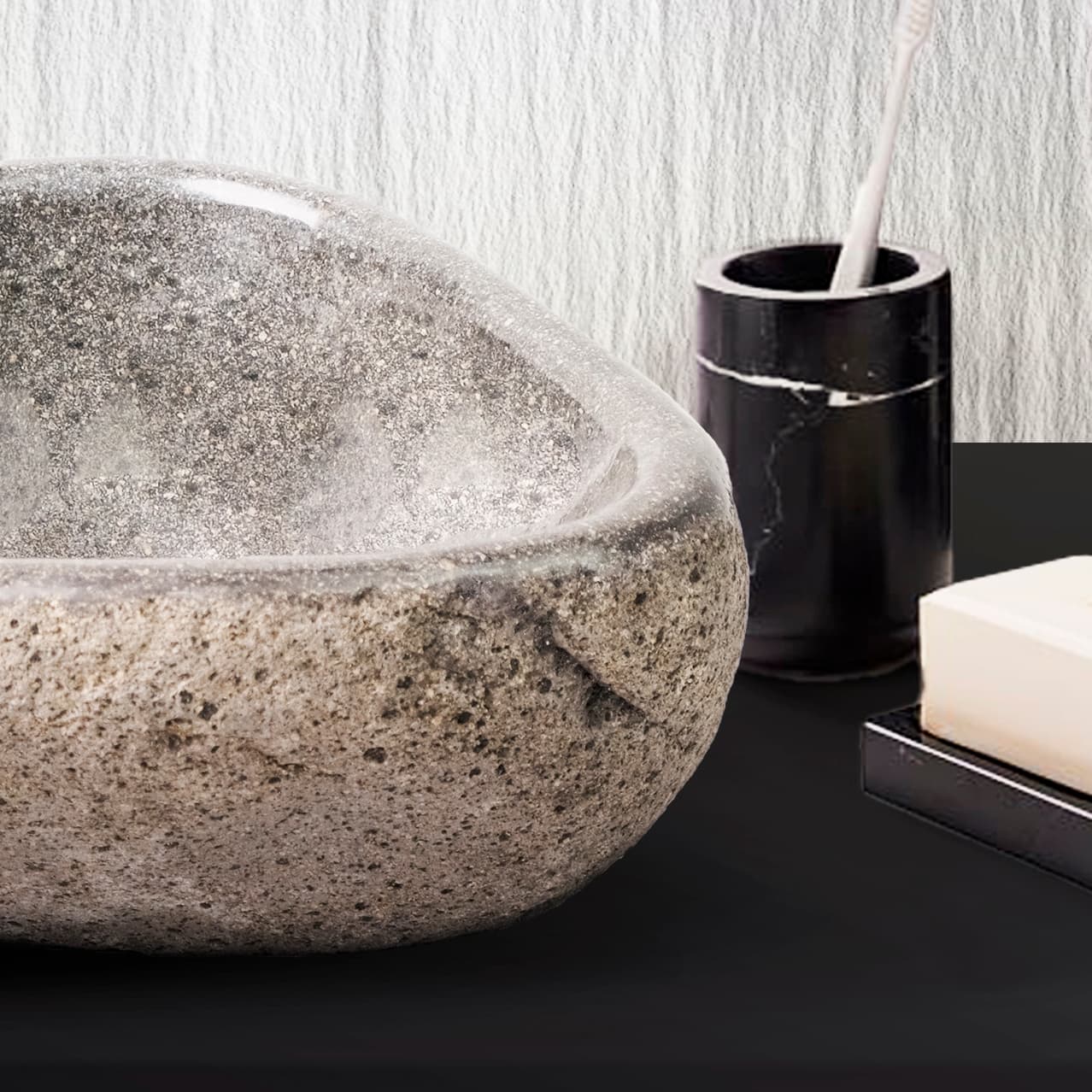 VASQUE RONDE EN PIERRE DE RIVIÈRE NATURELLE À BORD FIN - GRIS 30-35X15X1,5CM