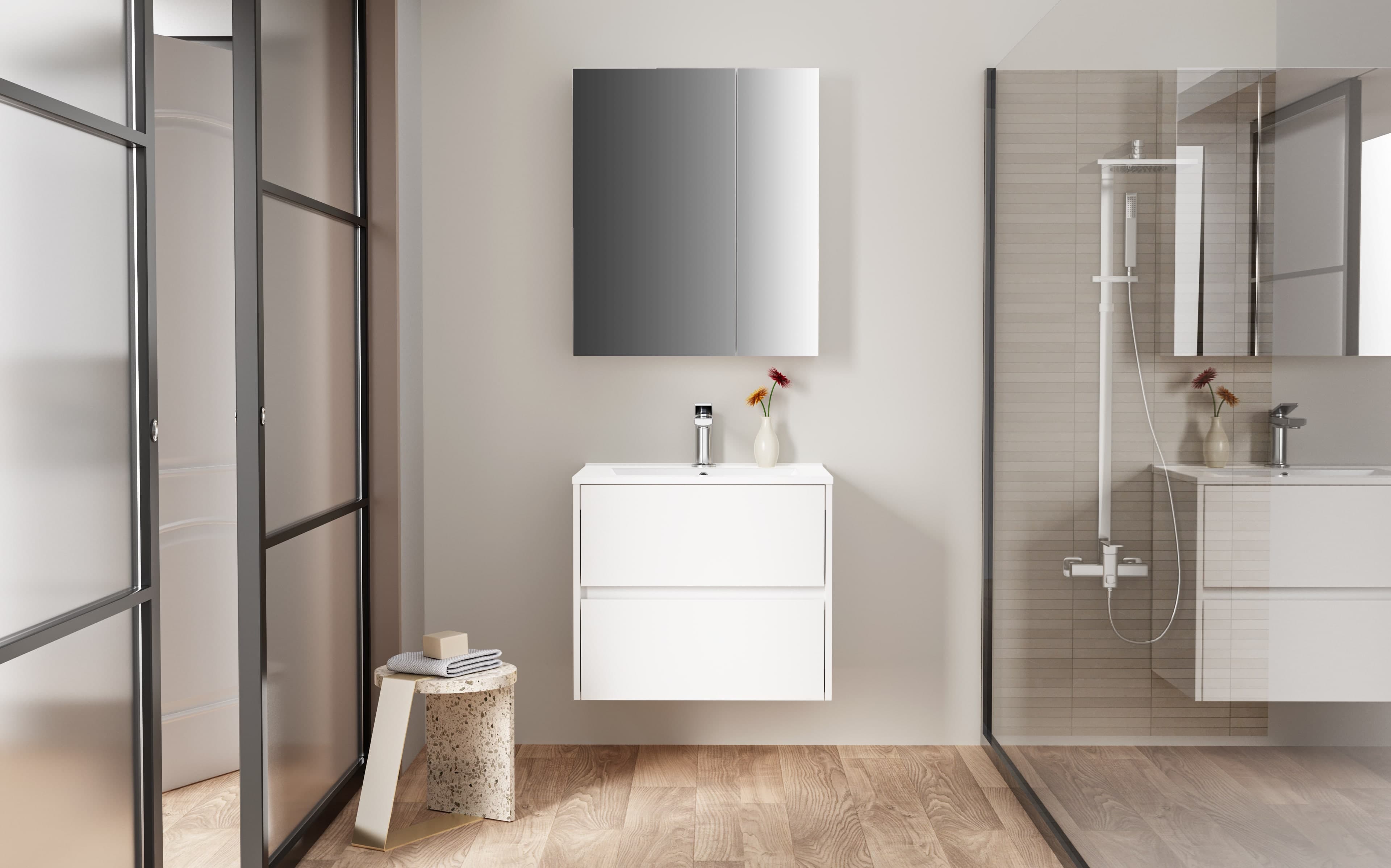 Hayat Armoire miroir - 2 portes miroirs asymétriques, à un seul côté - 4 étagères réglables en hauteur - 60X70X15 cm - blanc brillant