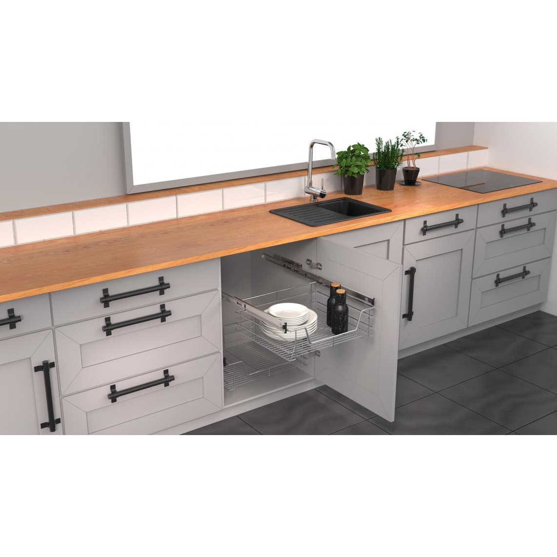 4328 tiroir télescopique, chromé, 495 x 140 x 440 mm, pour armoire de 60cm