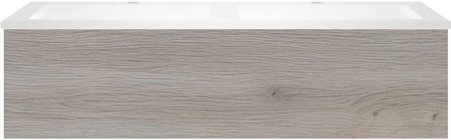 SOUS MEUBLE COFFEE 1 TIROIR 120 DUO CHENE ARGENT + LAVABO DOUBLE EN MARBRE SYNTHETIQUE BLANC