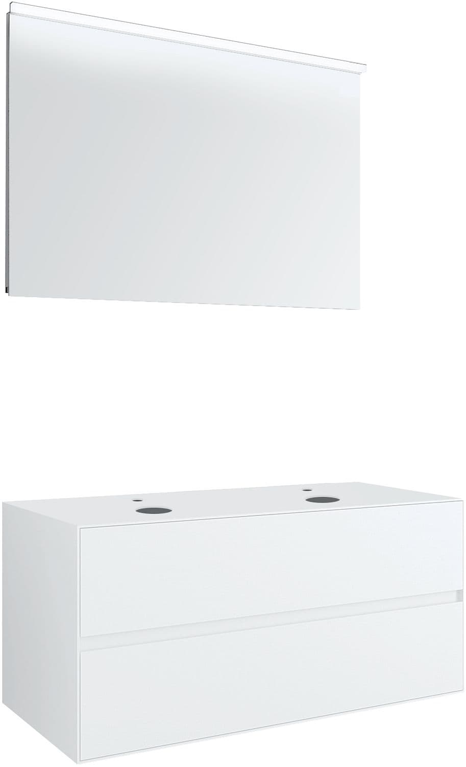 MEUBLE 2 TIROIRS+ TABLET POUR 2 LAVABOS A POSER TENSO 120CM +TROUS ROBINETS BLANC AVEC MIROIR