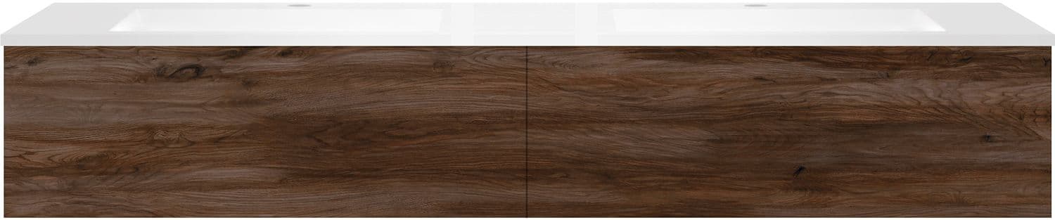 SOUS MEUBLE COFFEE 2 TIROIRS 180 DUO NOYER VELOURS +DOUBLE LAVABO EN MARBRE SYNTHETIQUE BLANC