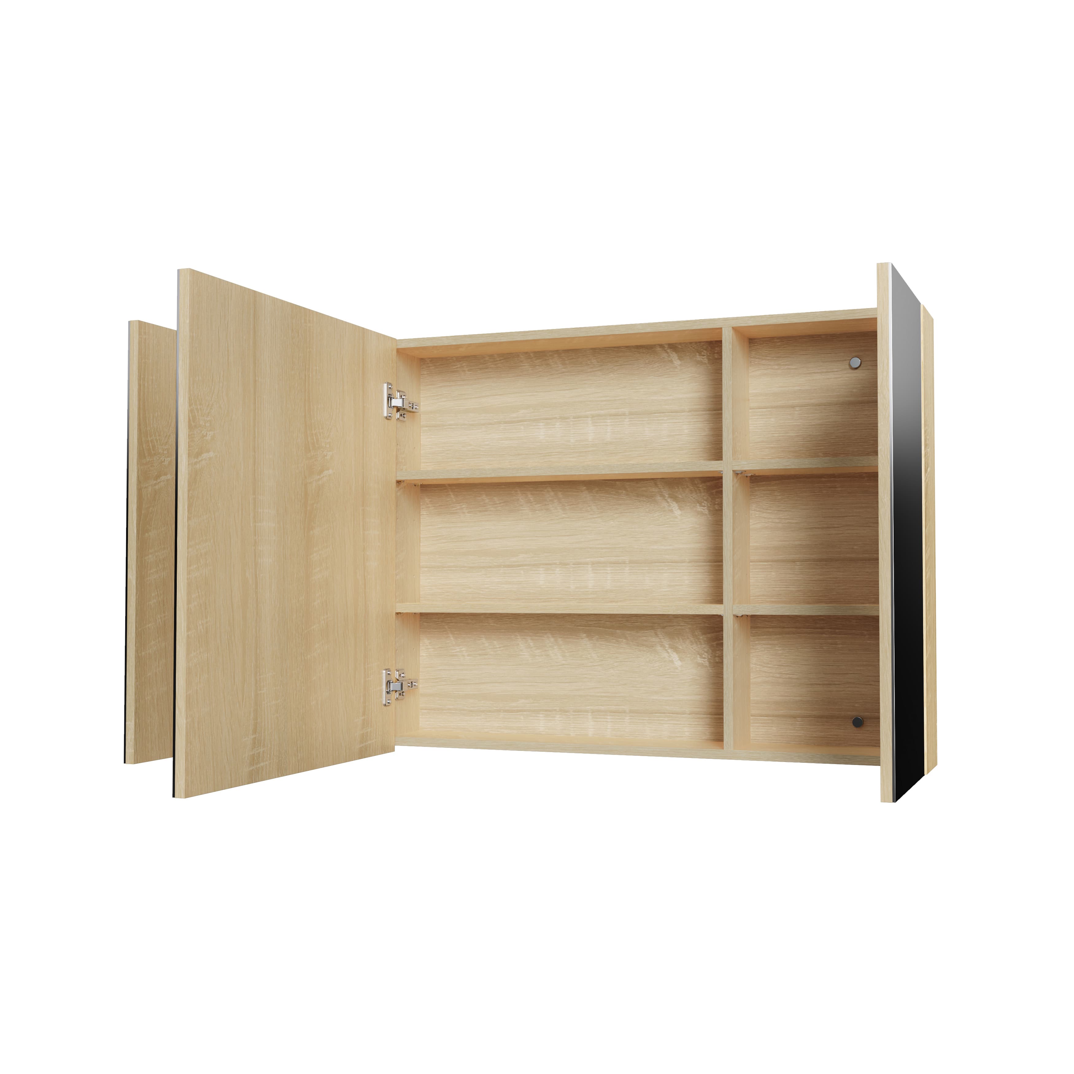 Hayat Armoire miroir - 3 portes miroirs asymétriques, à un seul côté - 6 étagères réglables en hauteur - 120X70X15 cm - chêne