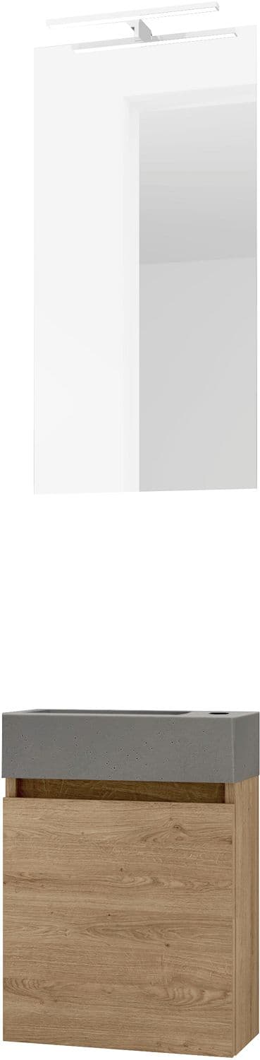 LAVE-MAINS FORM MINI BETON/ 1 PORT/MIROIR/LUMIERE LED CHENE NATURE