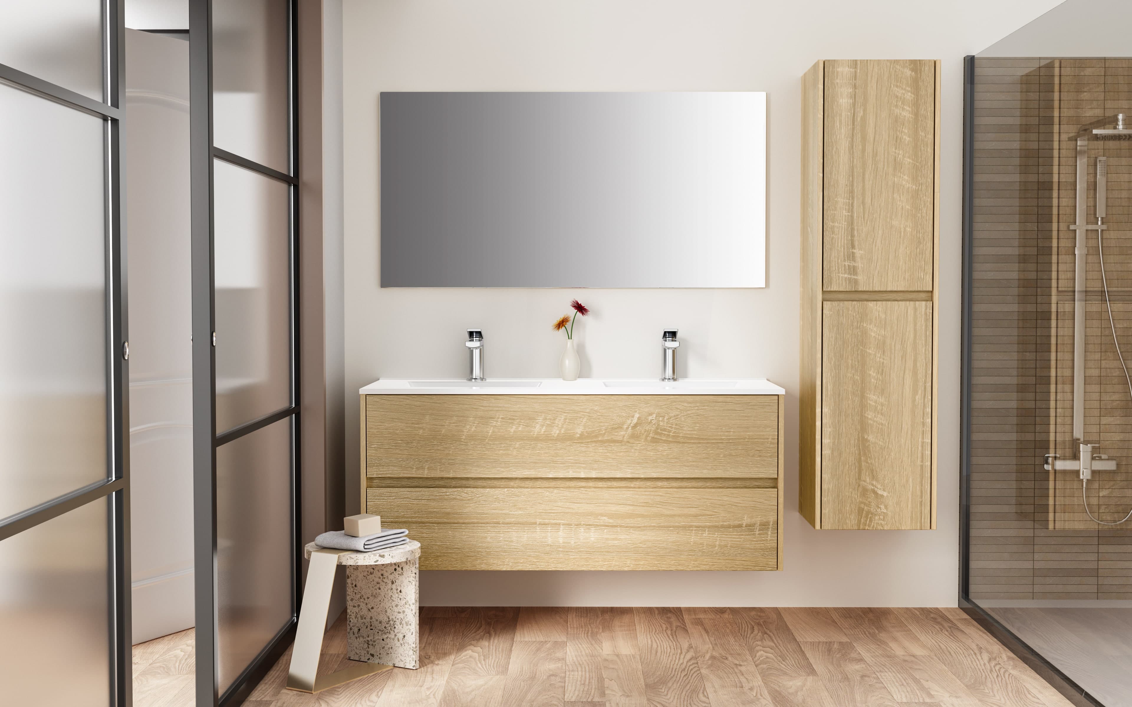 ALONI hayat meuble sous-vasque - 2 tiroirs - sans poignee - soft close – 119,5X50X45 cm - chêne
