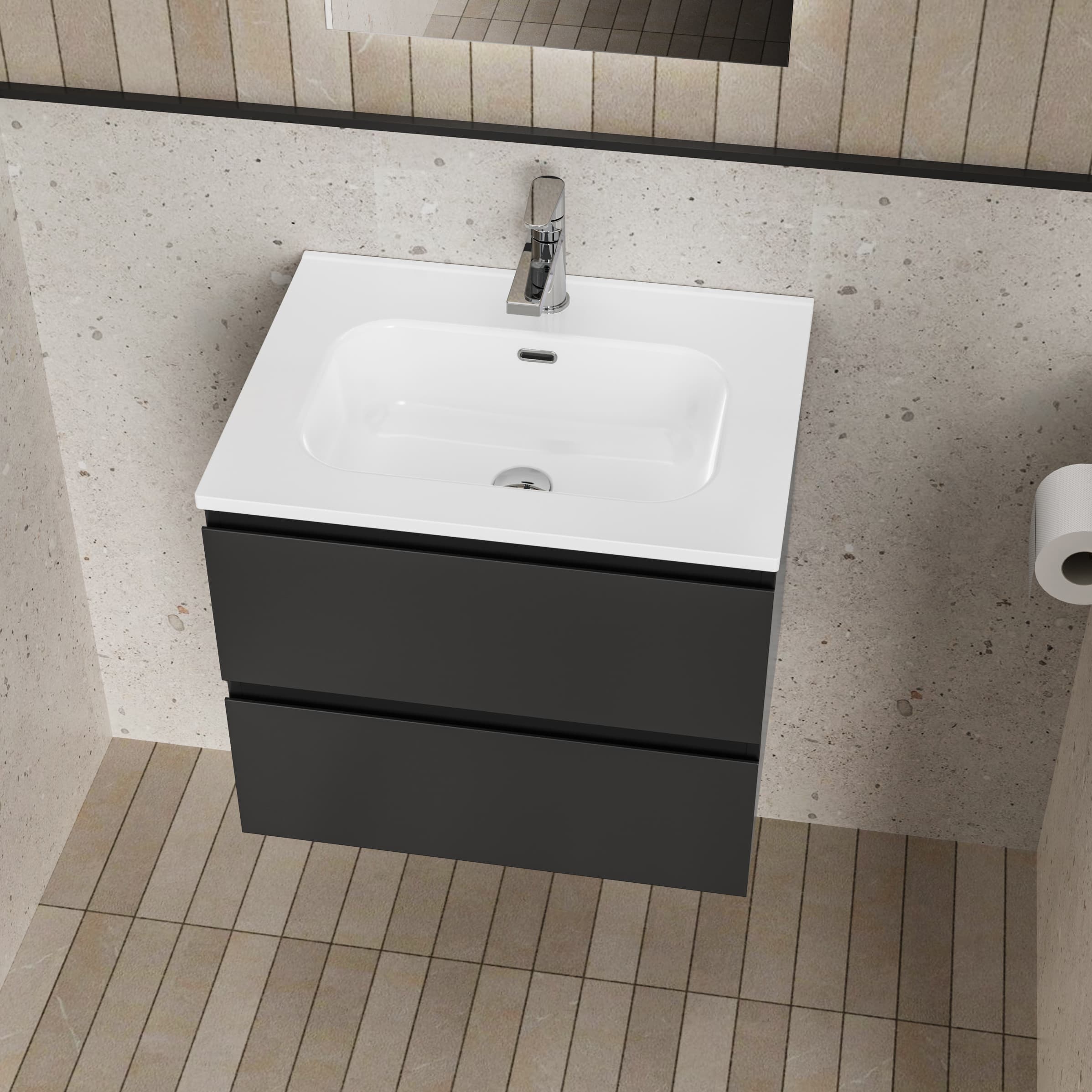 ALONI liva ensemble de meuble de salle de bain complet – avec meuble sous-vasque – avec vasque – avec miroir Led – 60 cm – Noir mat
